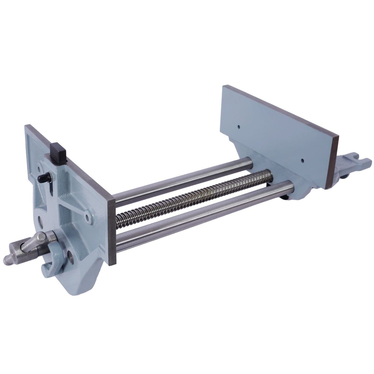 Cast iron woodworking vise with adjustable jaw and threaded screw mechanism for precision clamping