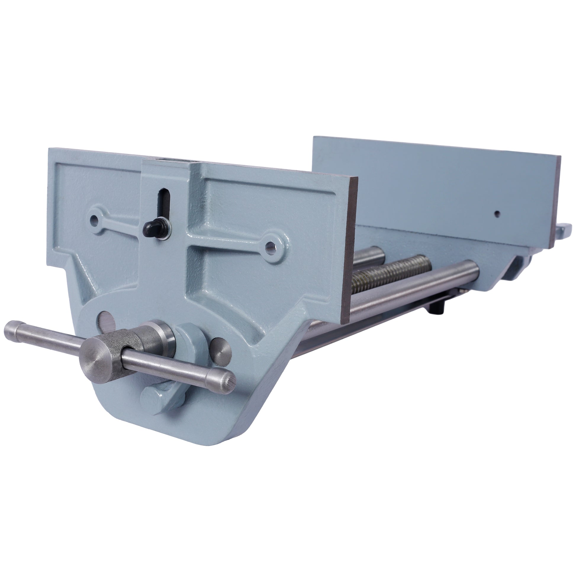 Gray metal woodworking vise with silver handle and threaded rod