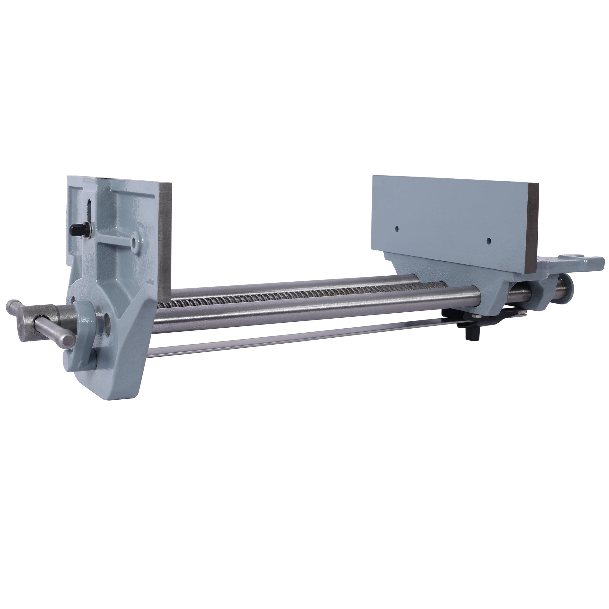 Gray metal woodworking vise with threaded rod and adjustable clamp jaws