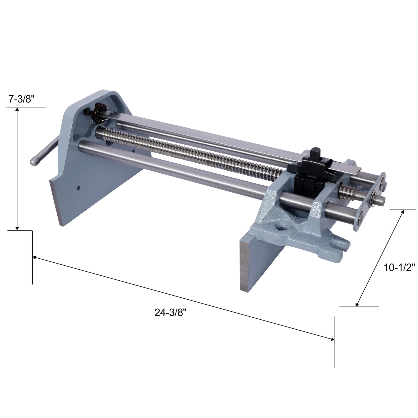 Gray metal bench vise with threaded screw mechanism ideal for woodworking projects