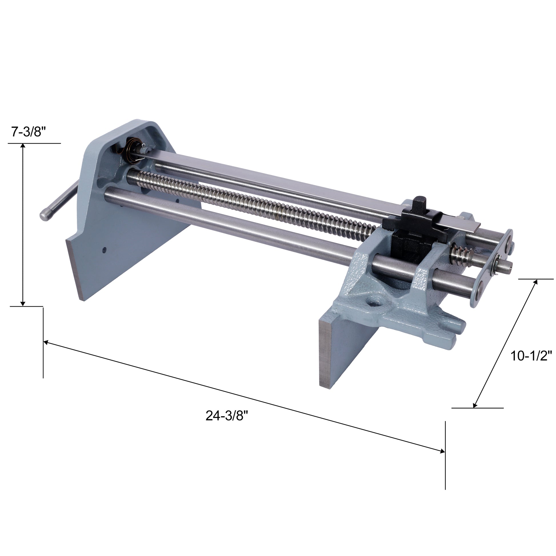Gray metal bench vise with threaded screw mechanism ideal for woodworking projects