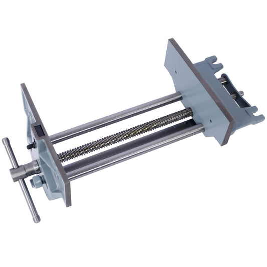 Gray metal bench vise with a long screw mechanism and Thandle for woodworking projects