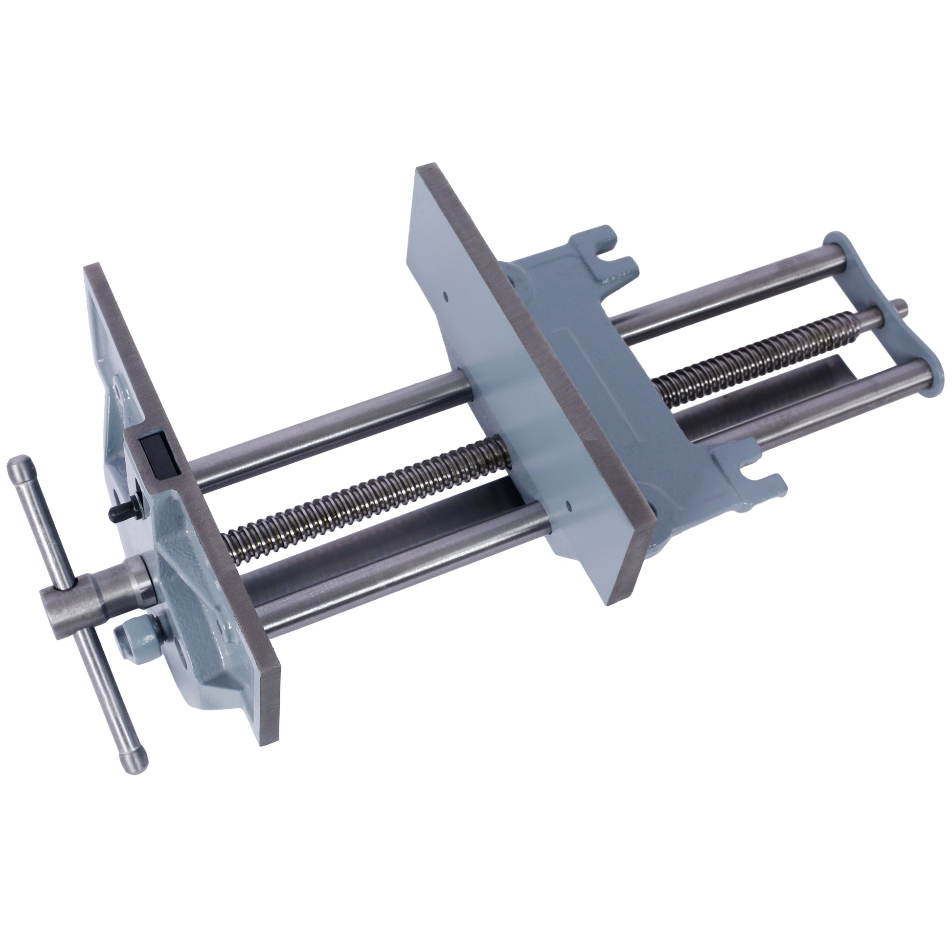 Gray metal woodworking vise with twin screw mechanism and handle for secure clamping