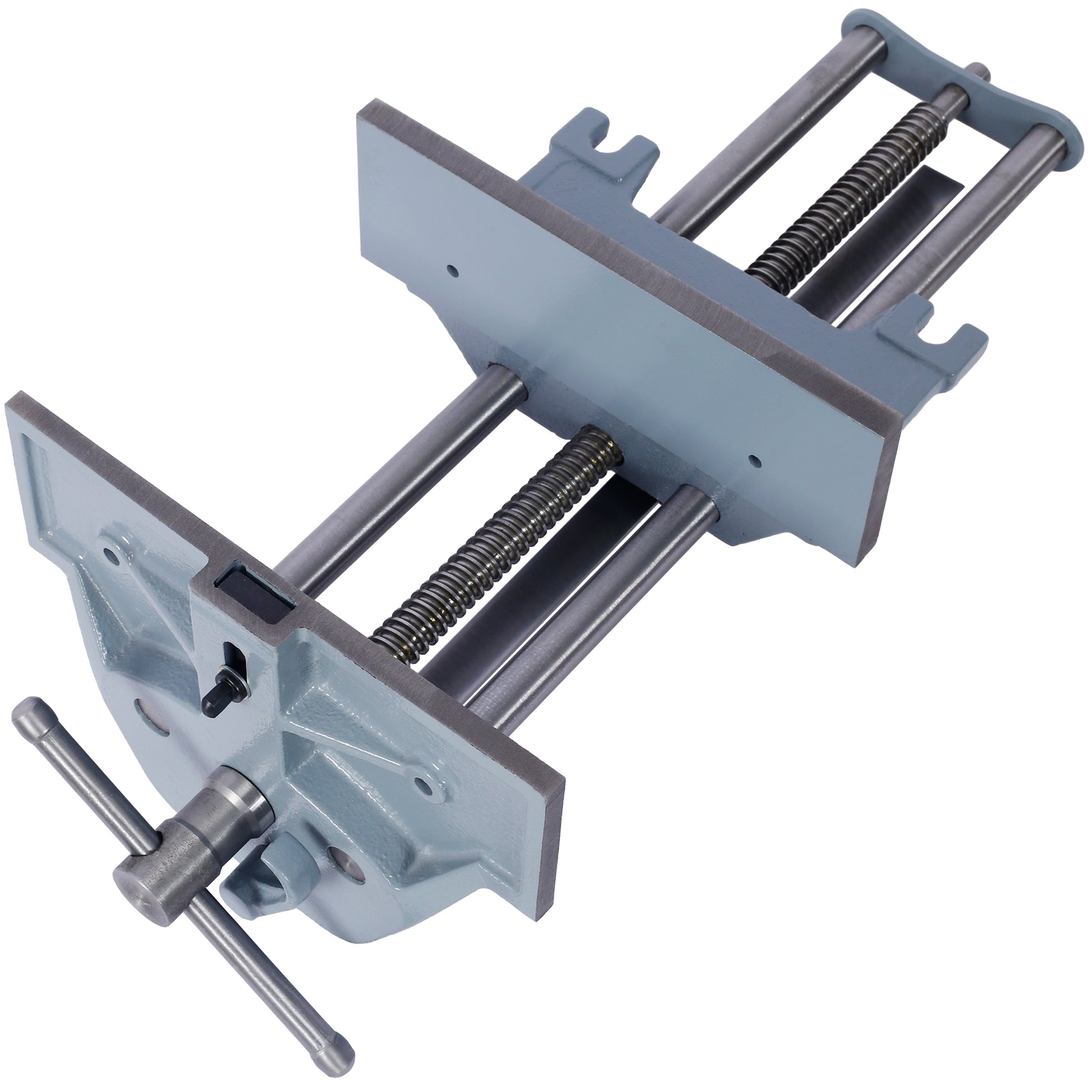 Heavy duty grey metal bench vise with screw mechanism for woodworking applications