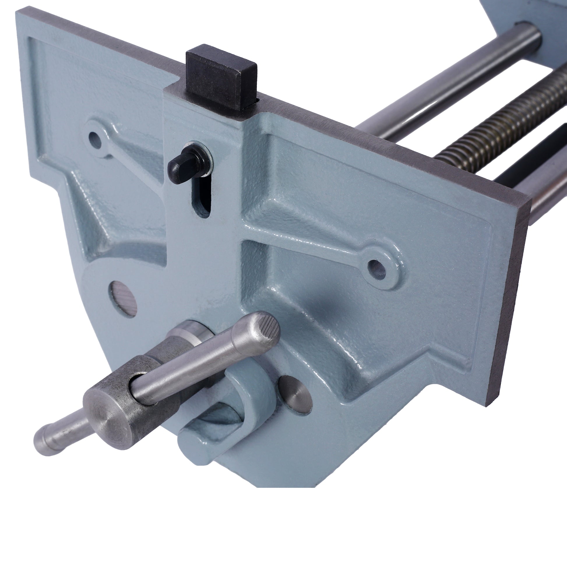Gray cast iron woodworking vise with polished steel spindle and handle
