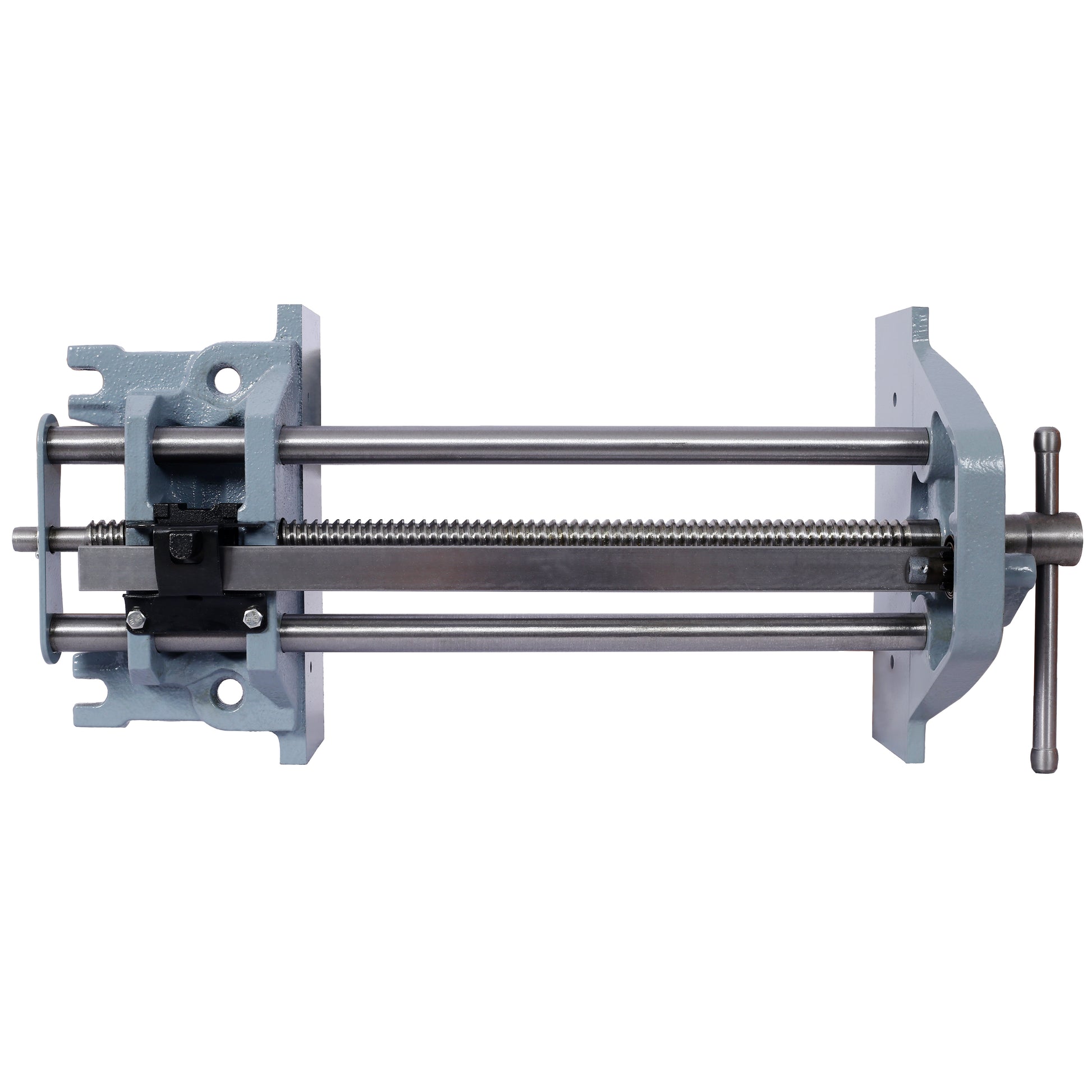 Gray metal woodworking vise with a long steel screw mechanism and rotating handle for clamping wood