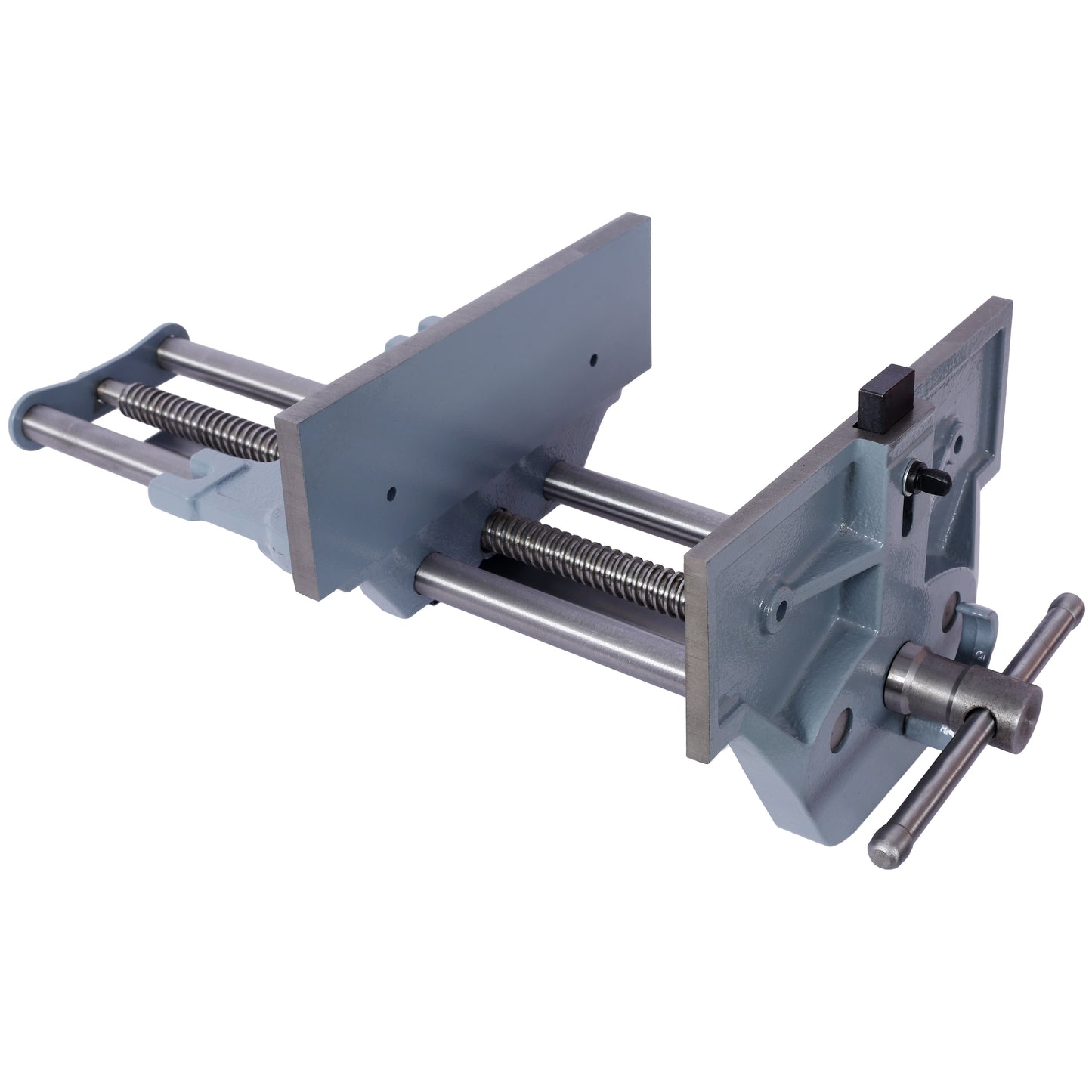 Gray metal woodworking vise with dual steel rods and threaded spindle for clamping