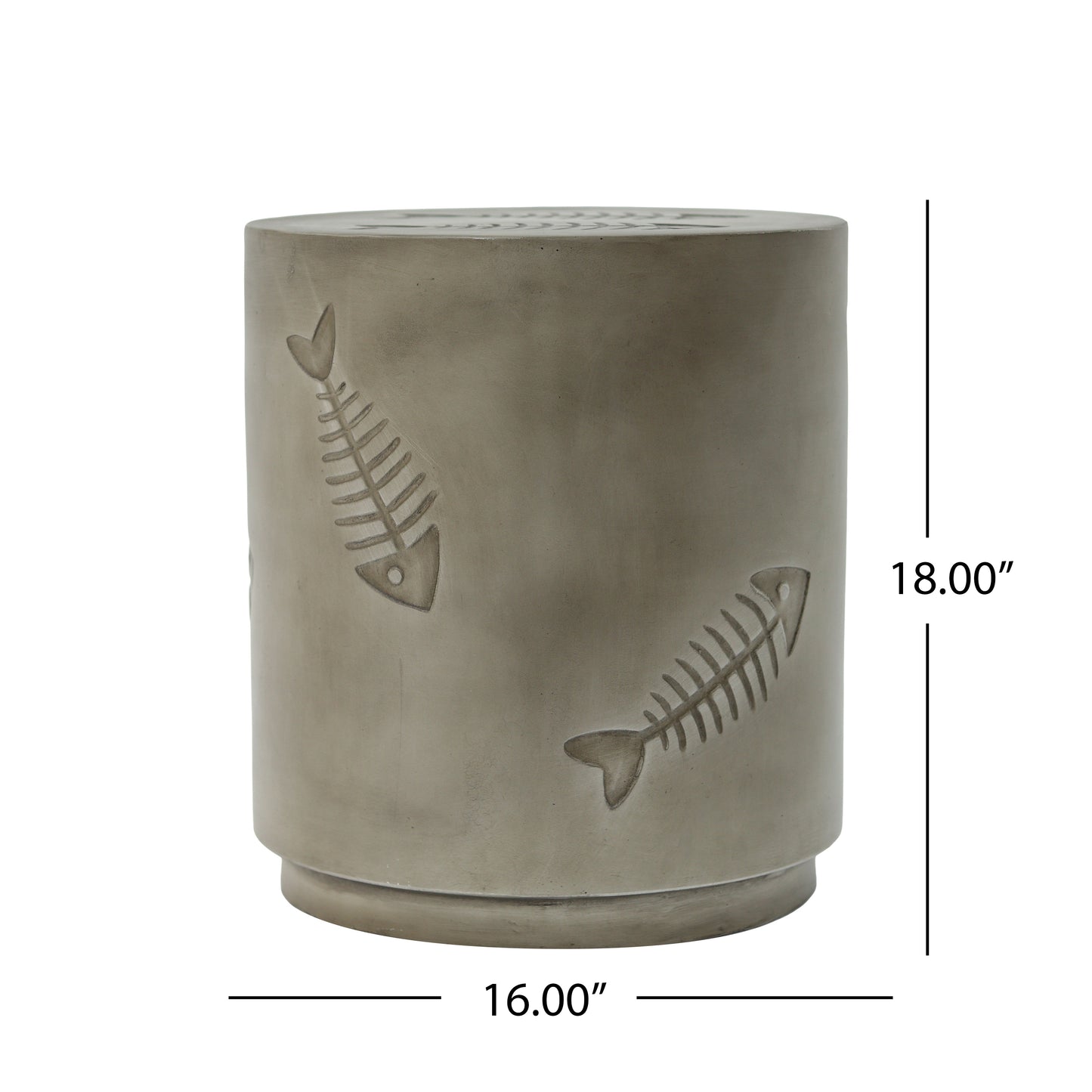 Gray concrete garden stool with carved fish skeleton design