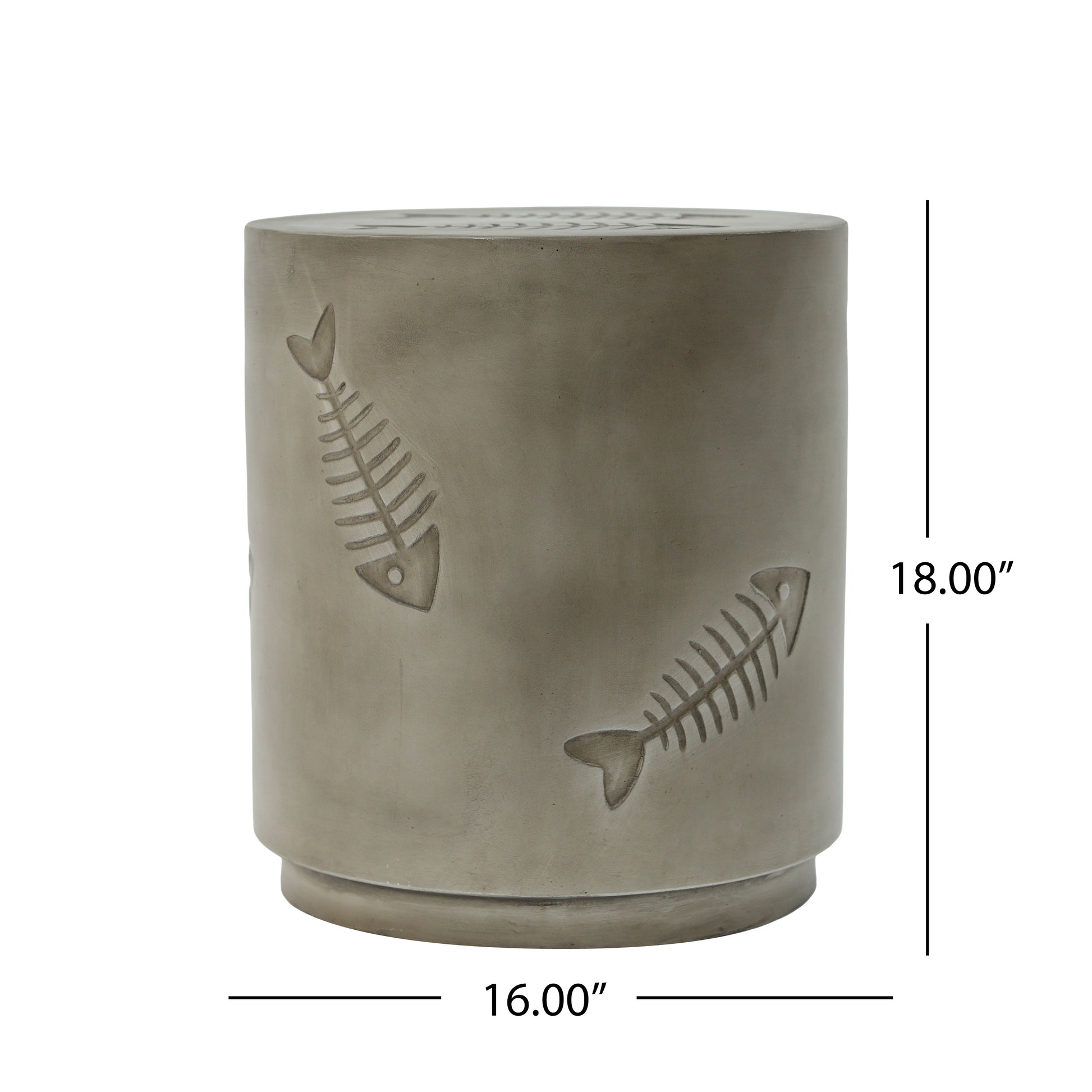 Gray concrete garden stool with carved fish skeleton design
