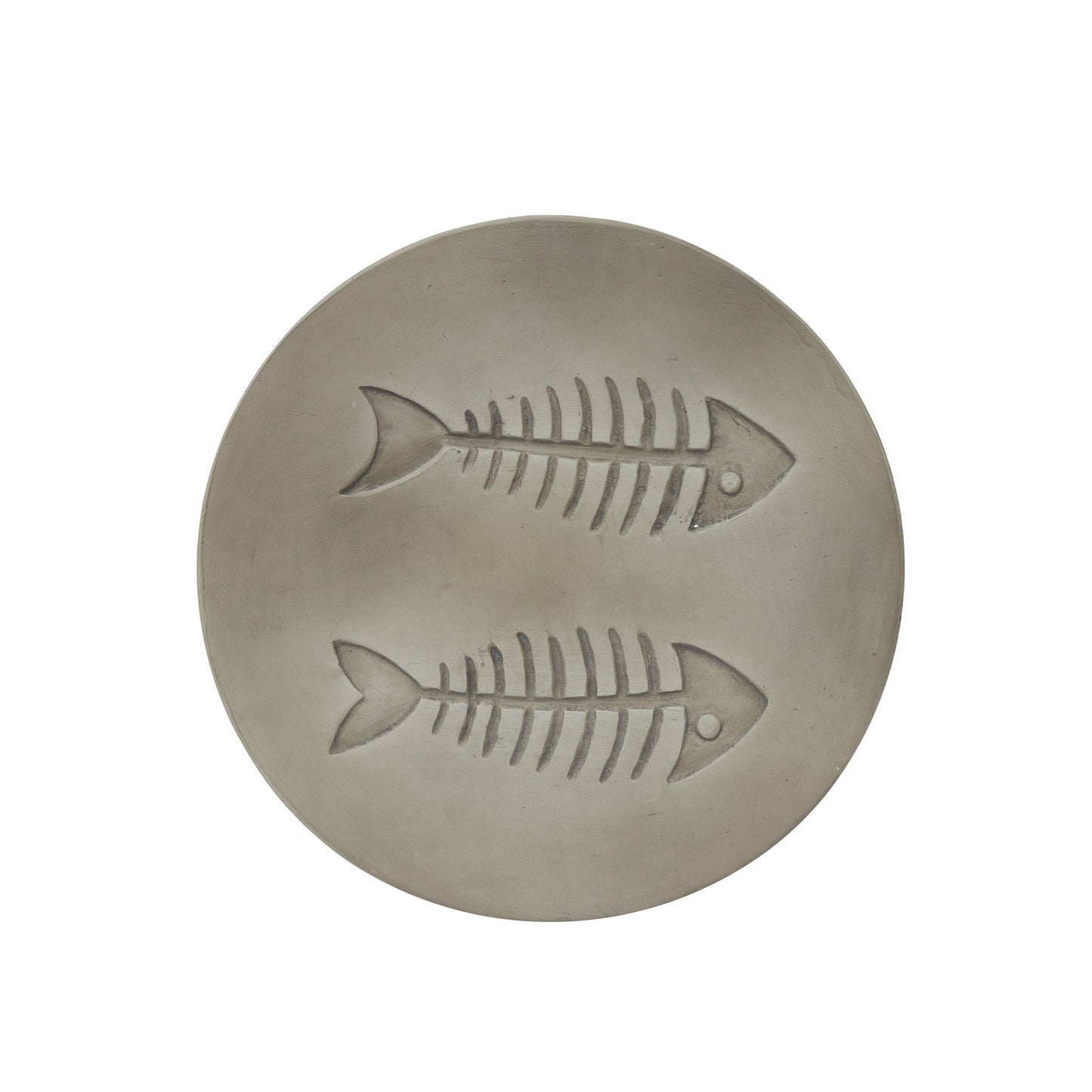Round grey concrete coaster featuring embossed double fish skeletons for a coastal theme