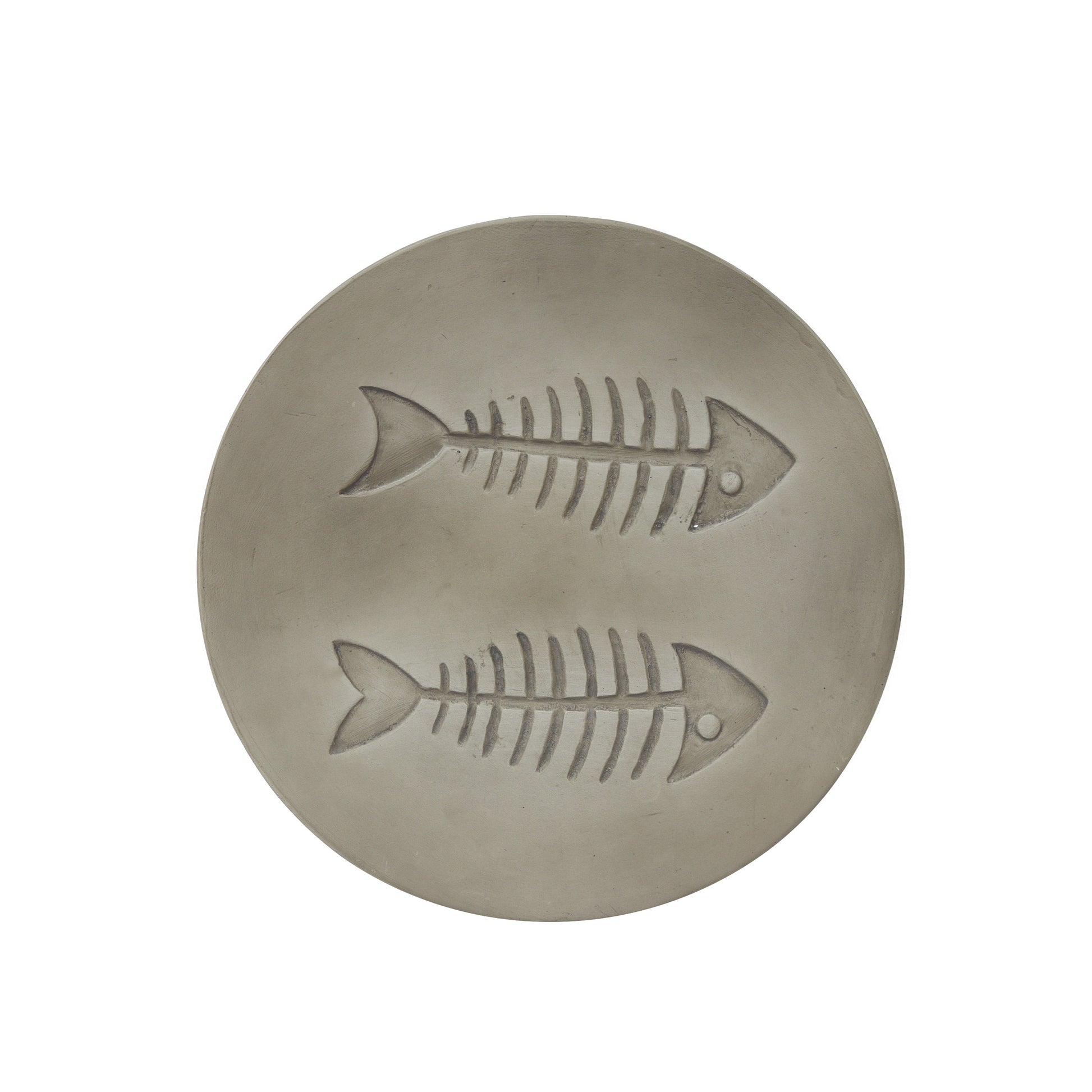 Round grey concrete coaster featuring embossed double fish skeletons for a coastal theme