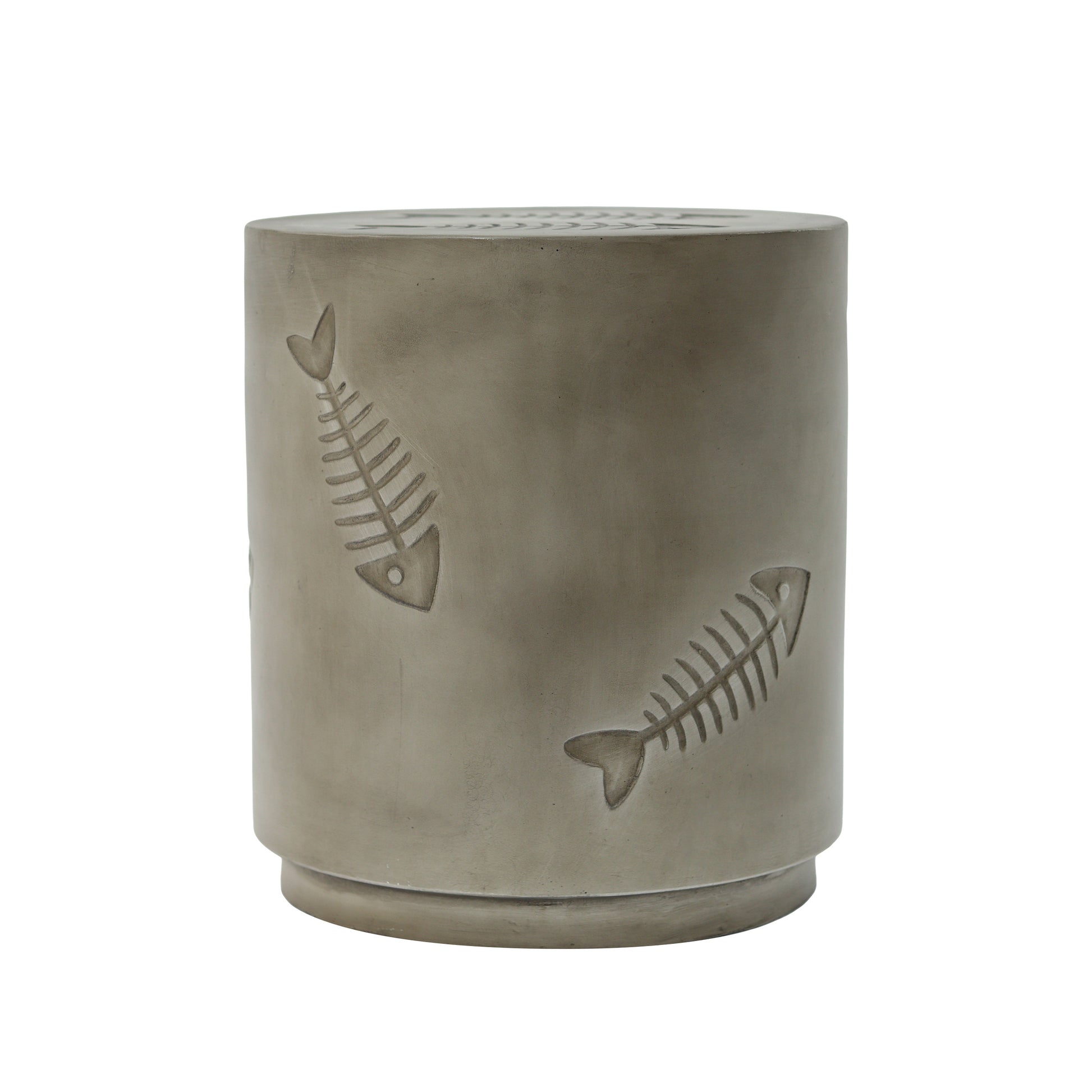 Gray concrete garden stool with embossed fish skeleton design