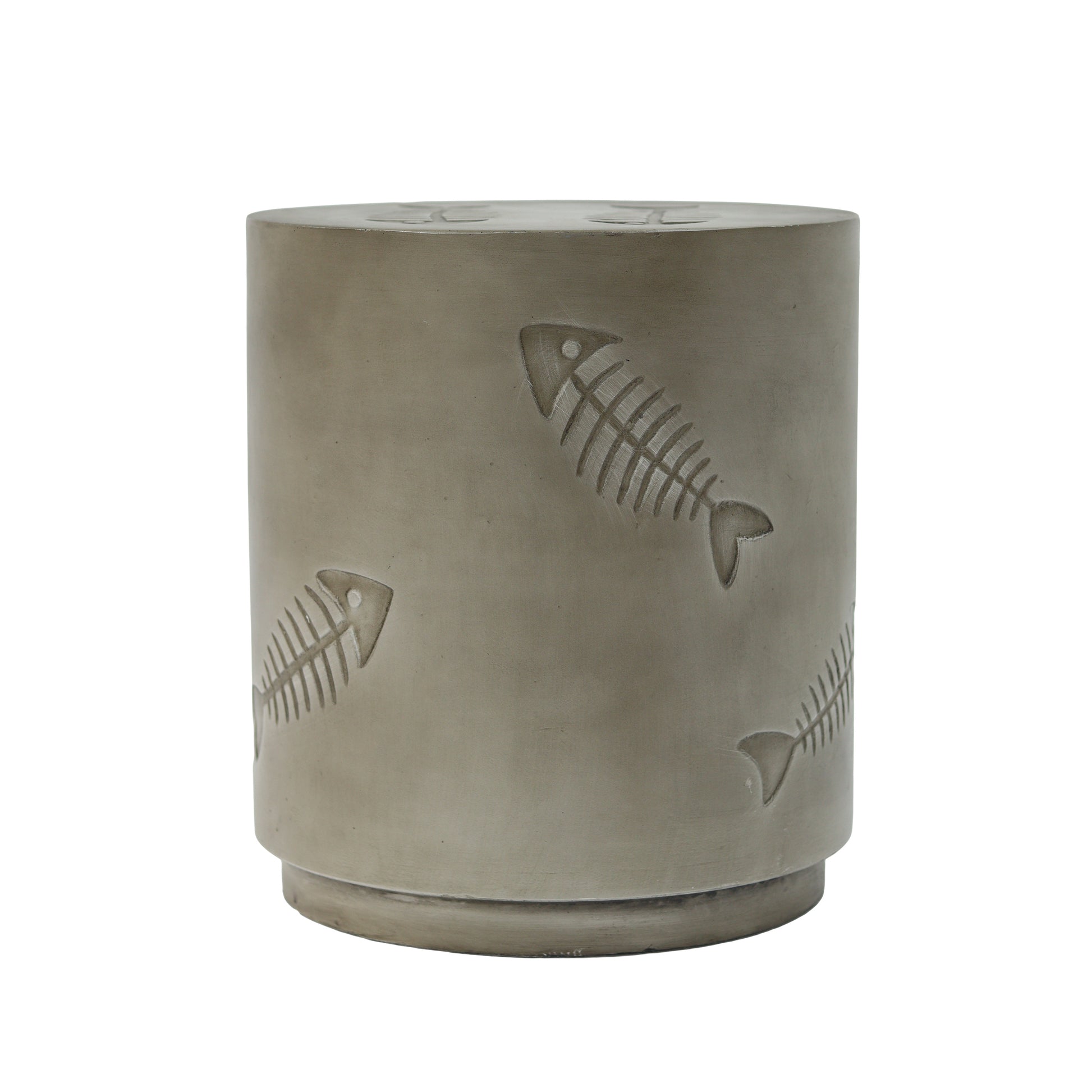 Gray concrete stool with etched fish bone pattern for outdoor seating