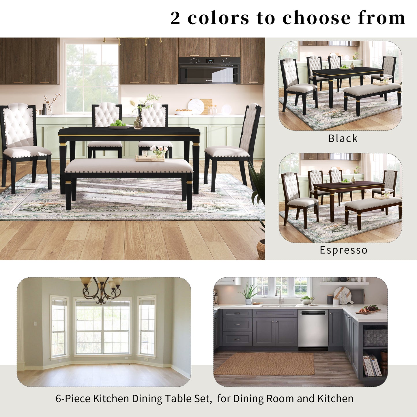 Tufted upholstered dining chairs and bench with a black wood frame and gold accents