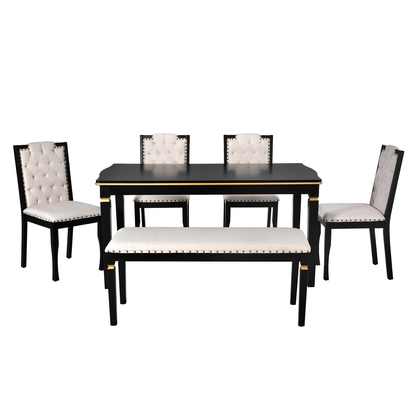 Black dining set with tufted cream upholstered chairs and bench