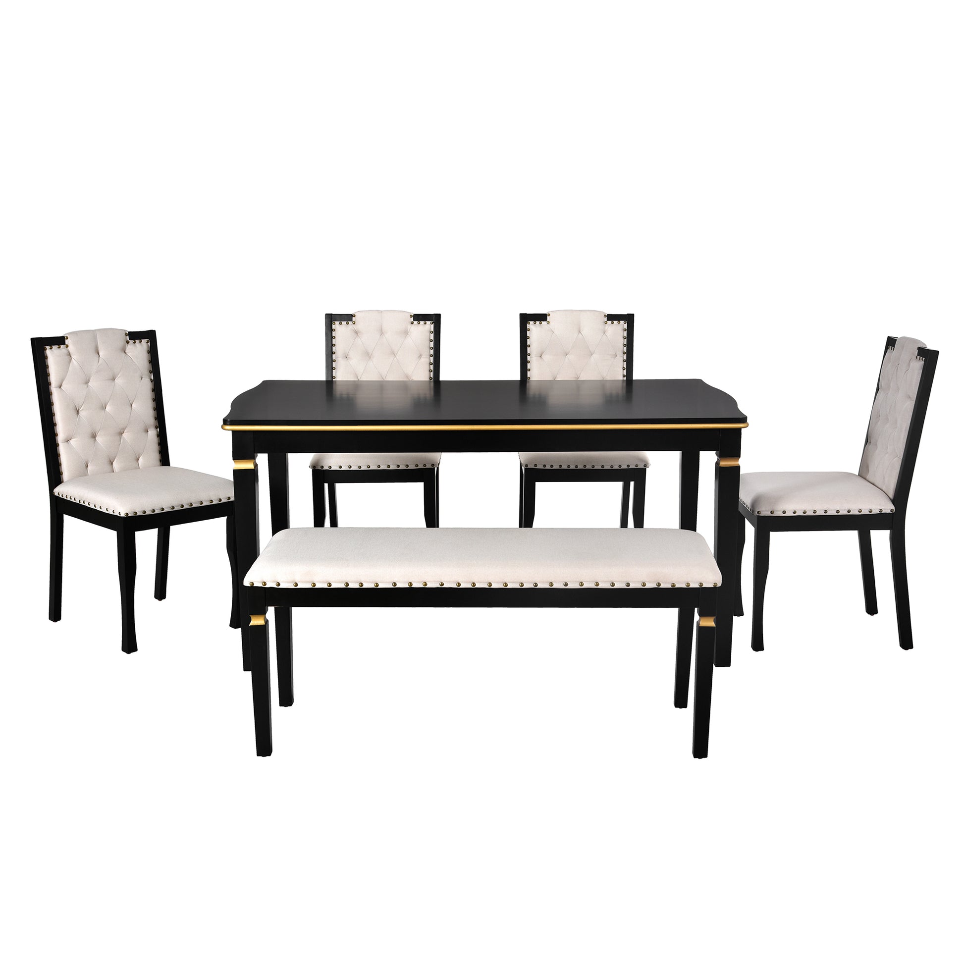 Black dining set with tufted cream upholstered chairs and bench