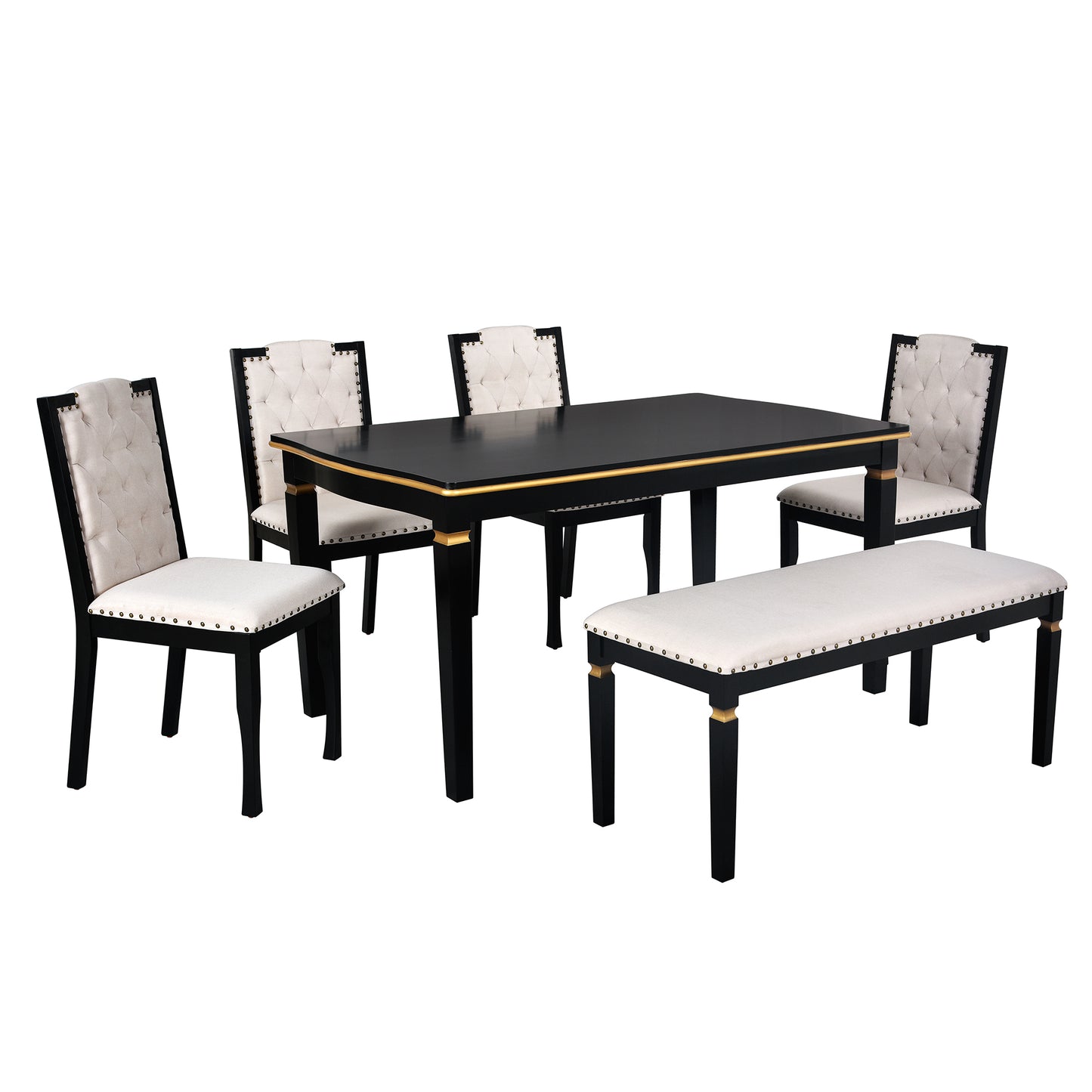 Black dining table with tufted upholstered chairs and bench elegant gold trim