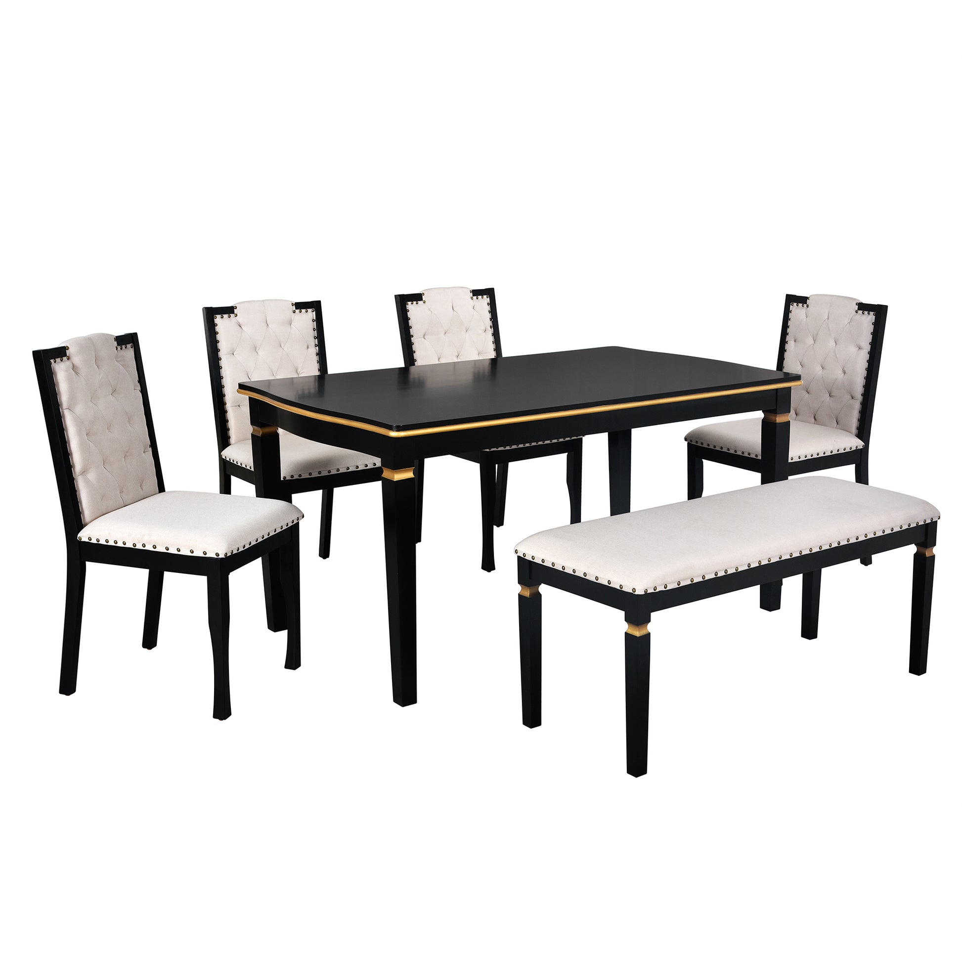 Black dining table with tufted upholstered chairs and bench elegant gold trim