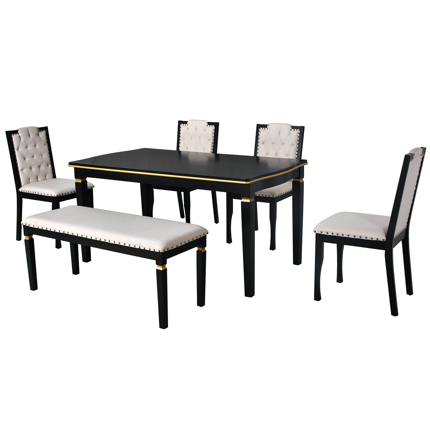 Black dining table with gold trim featuring upholstered chairs and bench for modern dining