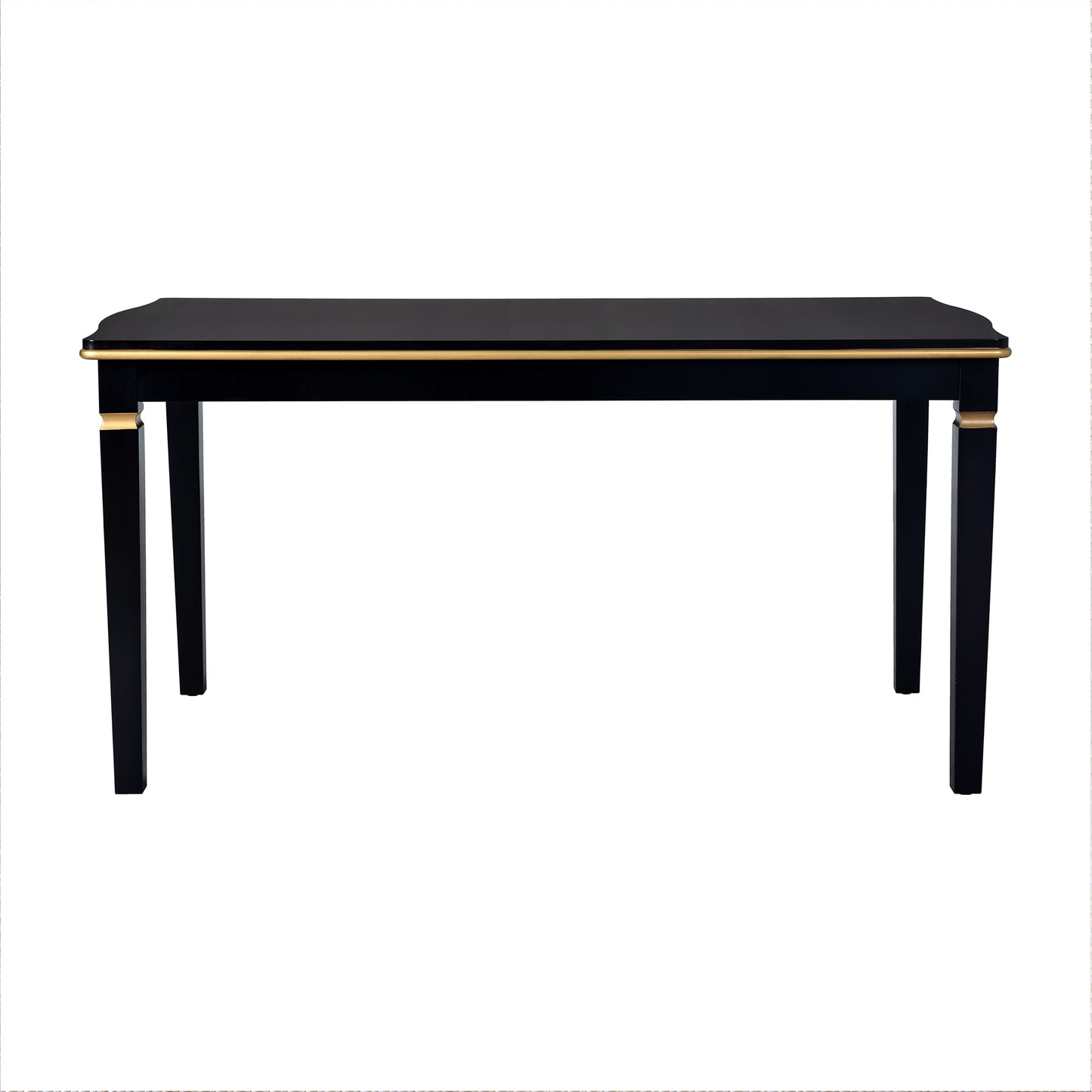 Elegant black console table with gold trim and tapered legs perfect for entryways