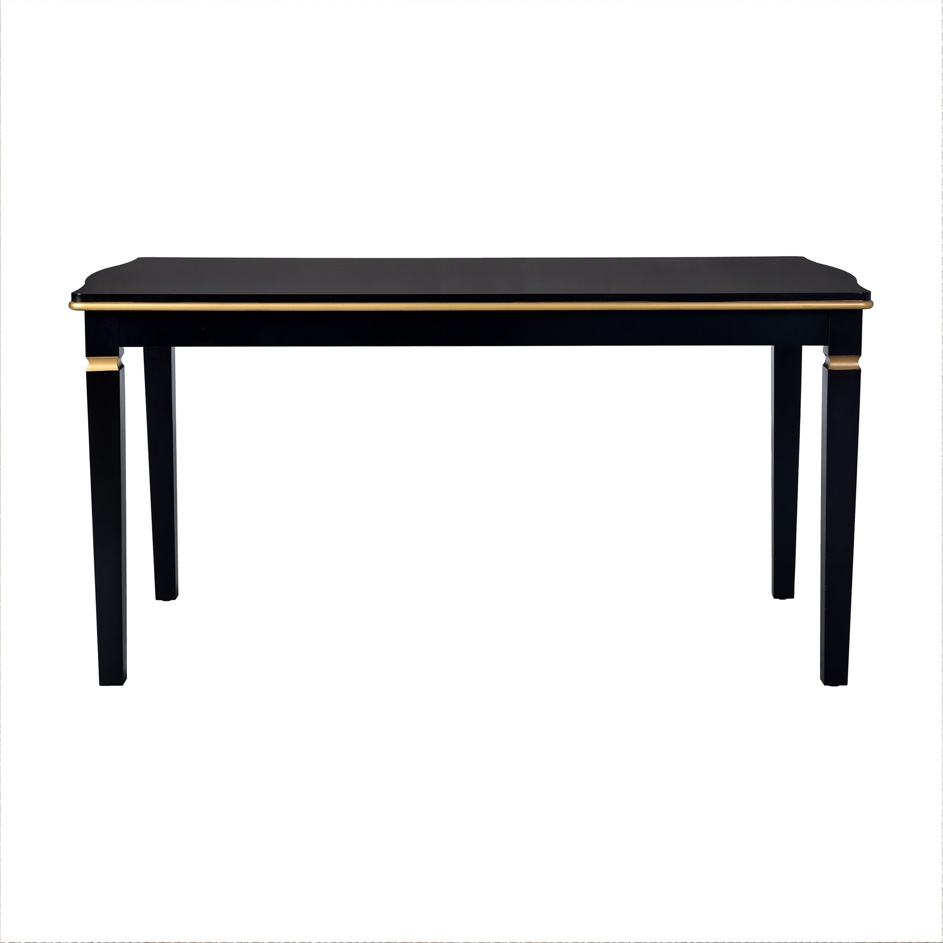 Elegant black console table with gold trim and tapered legs perfect for entryways