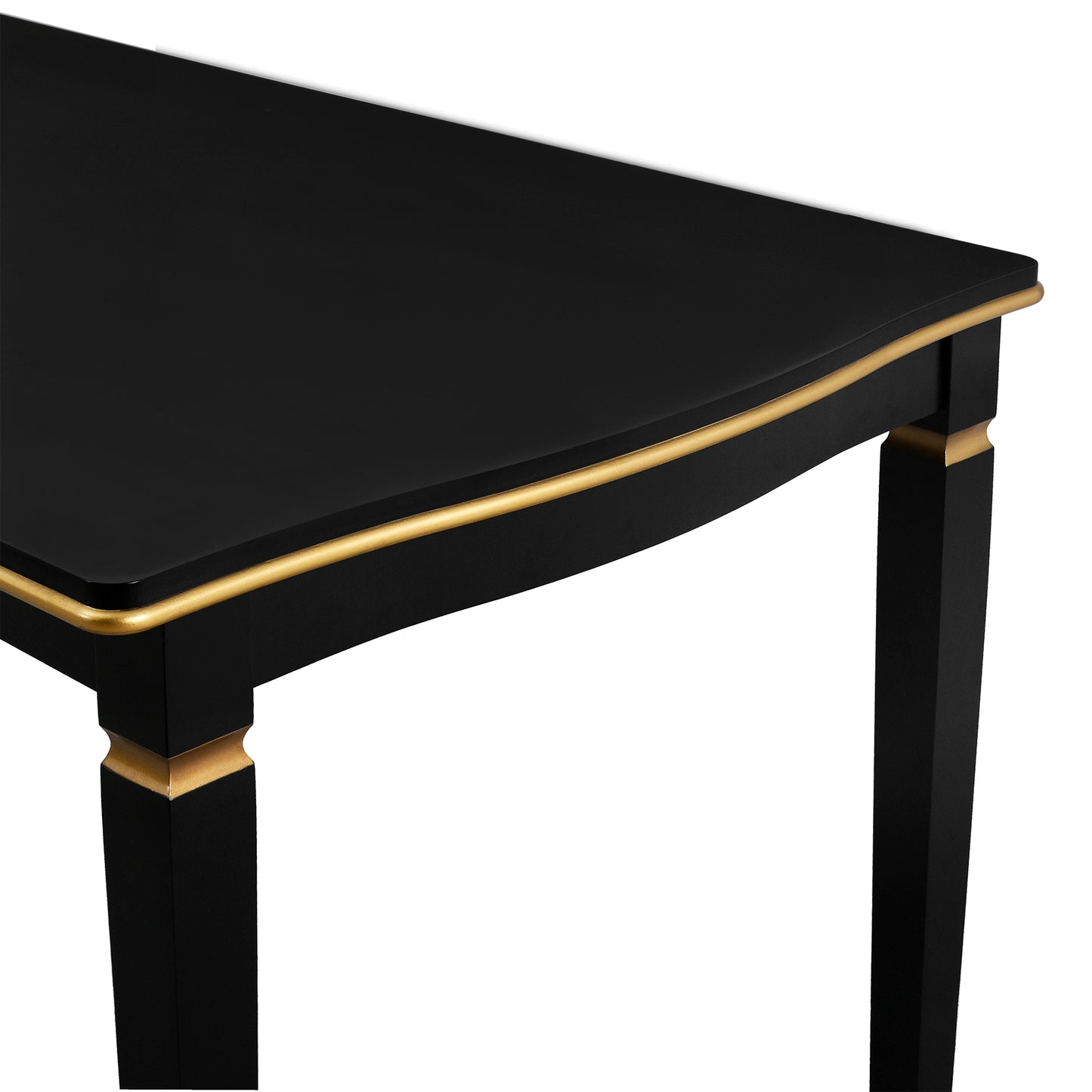 Black console table with gold trim and tapered legs elegant entryway furniture
