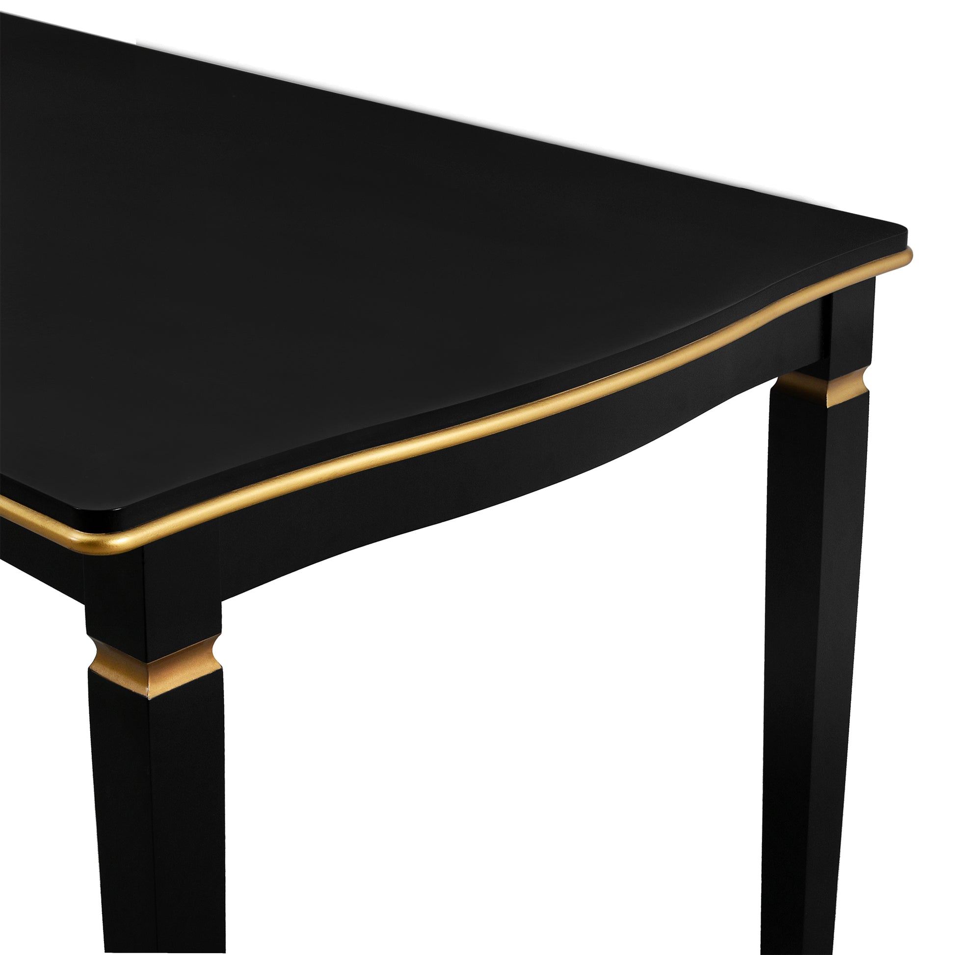 Black console table with gold trim and tapered legs elegant entryway furniture