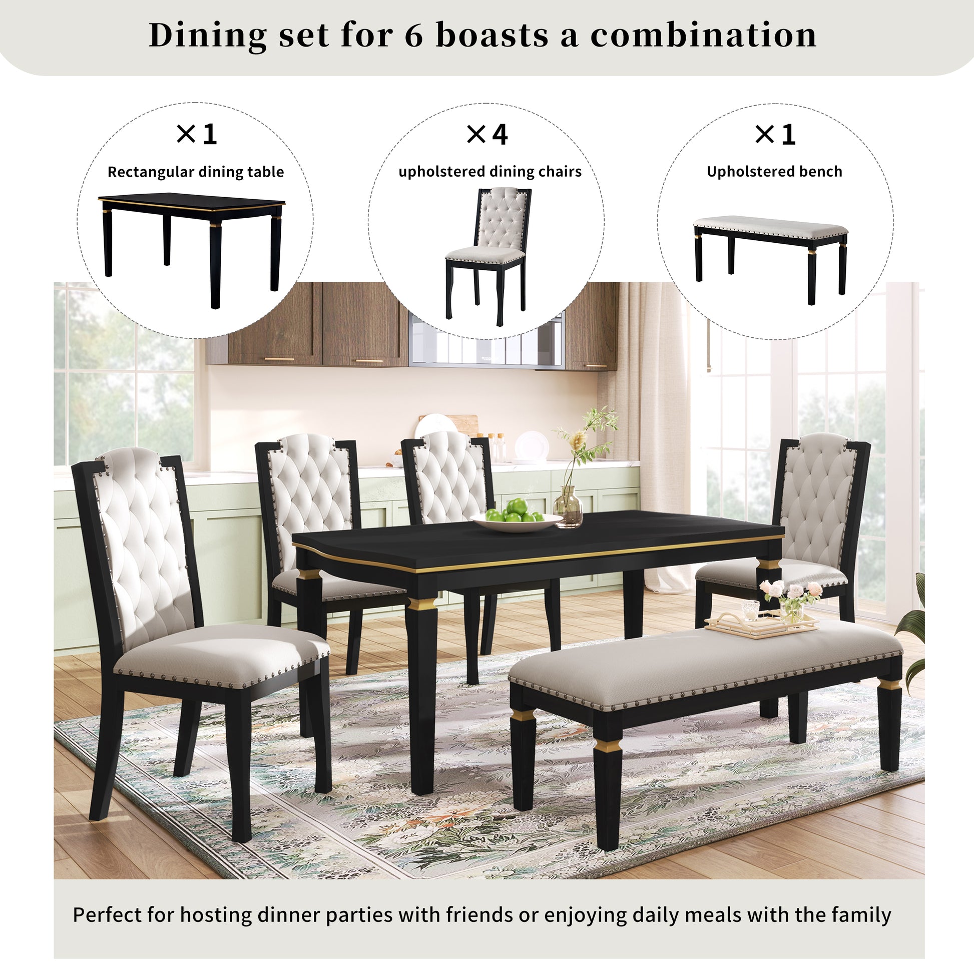 Black rectangular dining table with gold accents and four upholstered chairs
