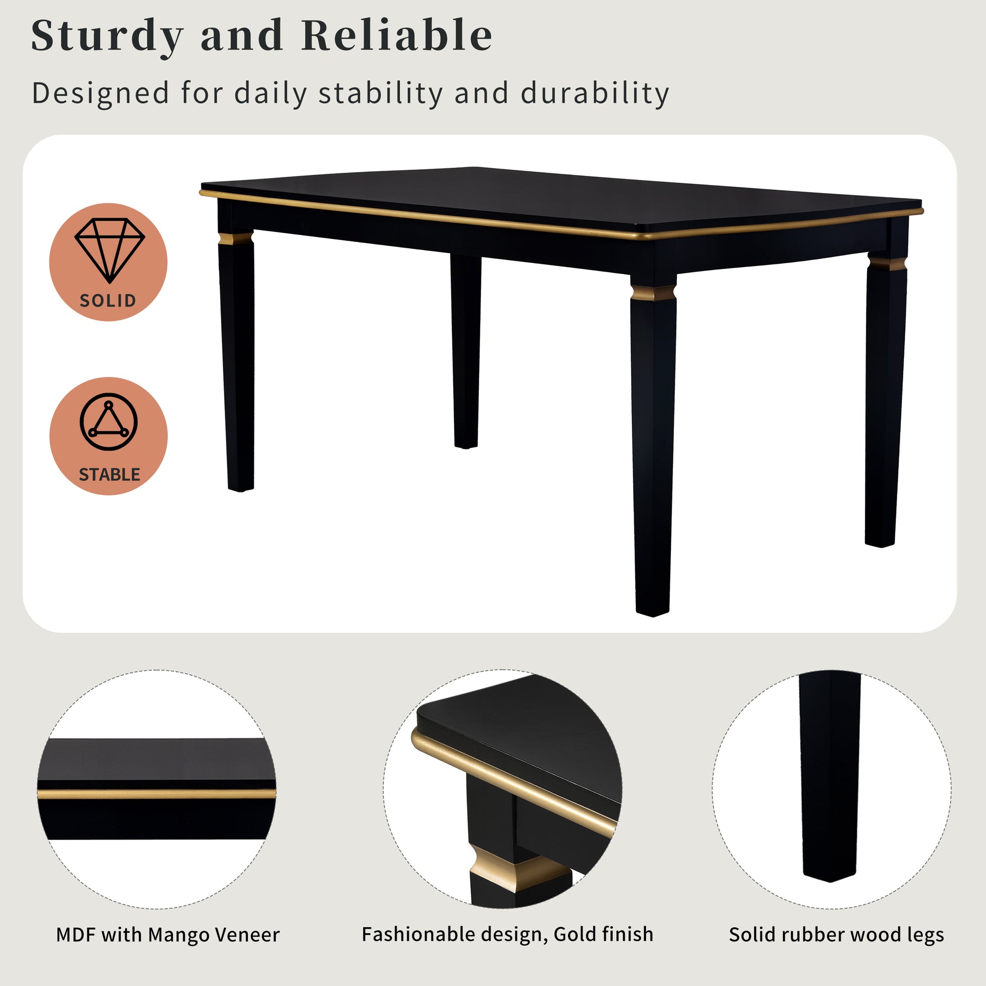 Rectangular black dining table with gold trim and solid rubber wood legs