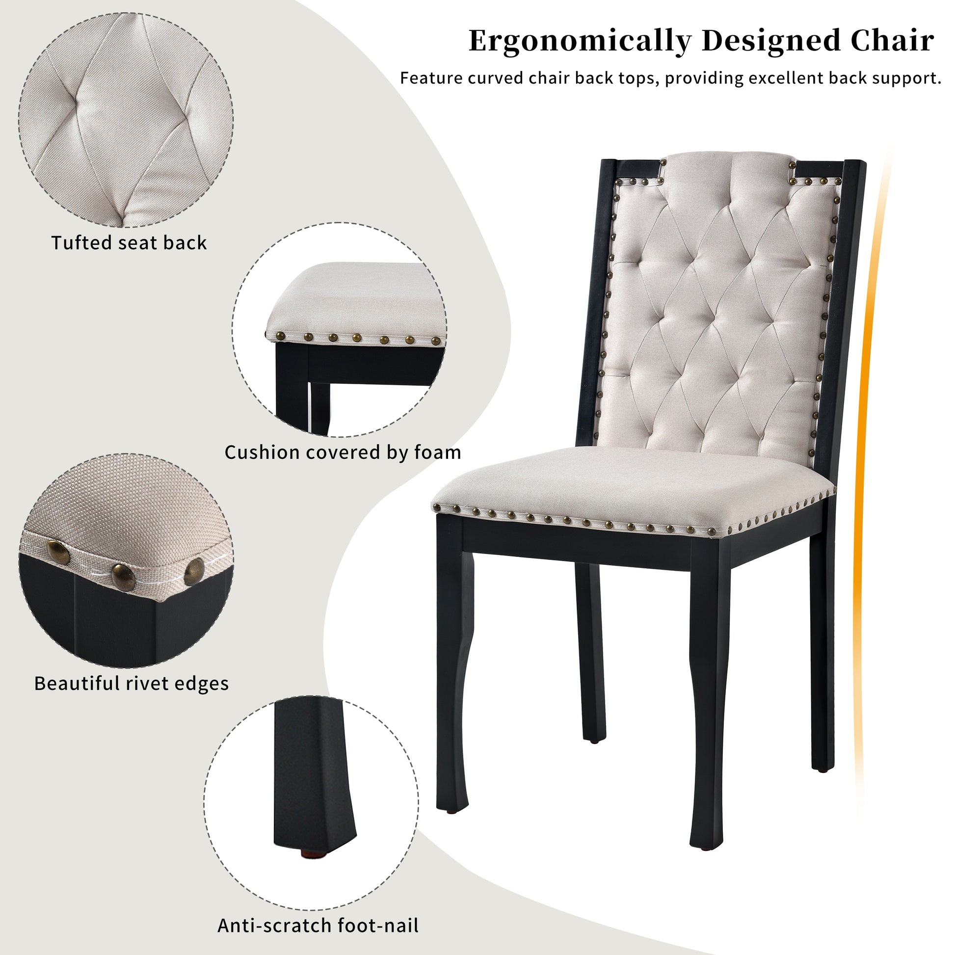 Beige upholstered dining chair with tufted back and bronze nailhead trim