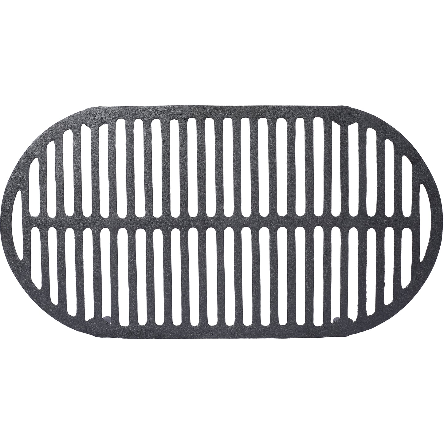 Oval cast iron grill grate with parallel bars for even cooking