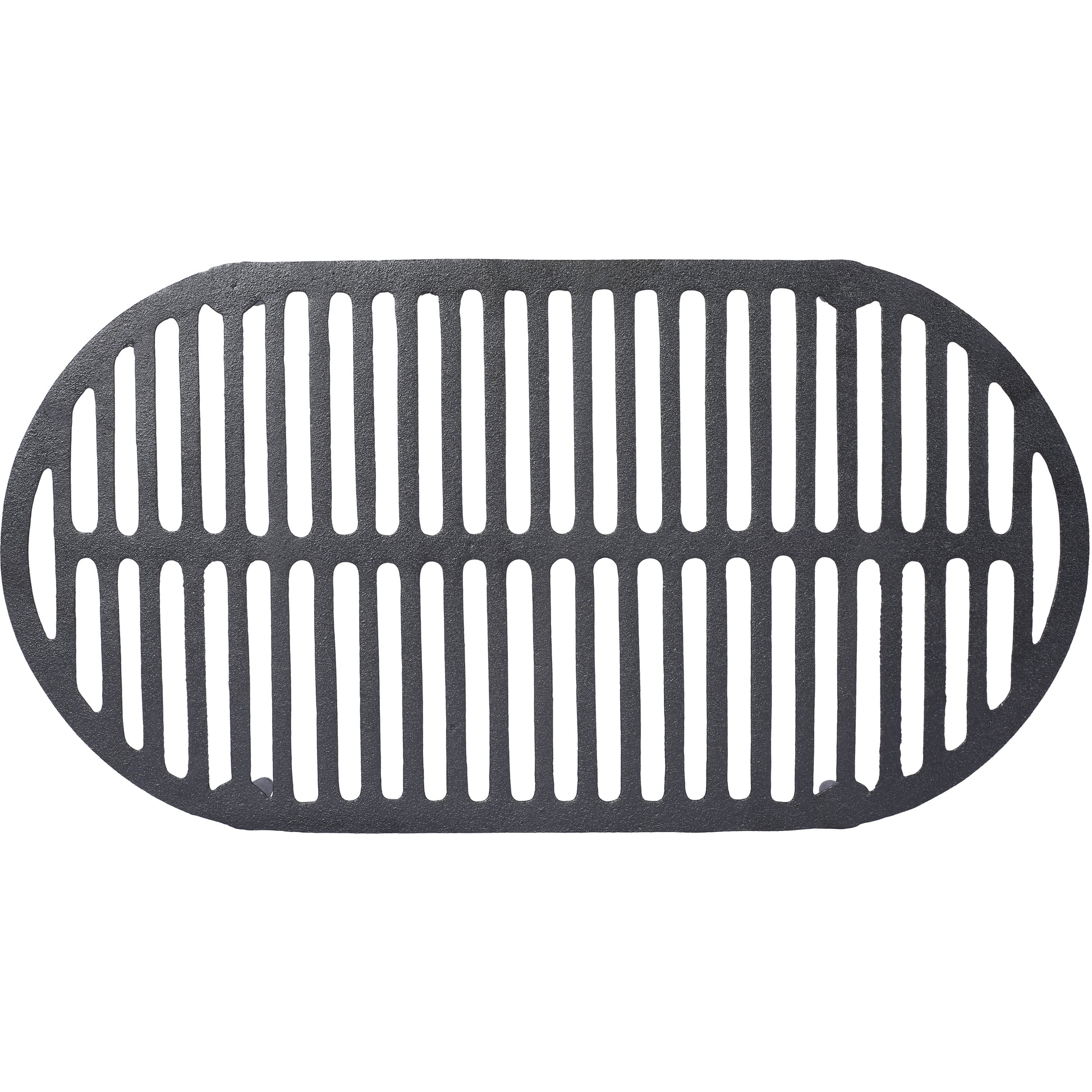 Oval cast iron grill grate with parallel bars for even cooking