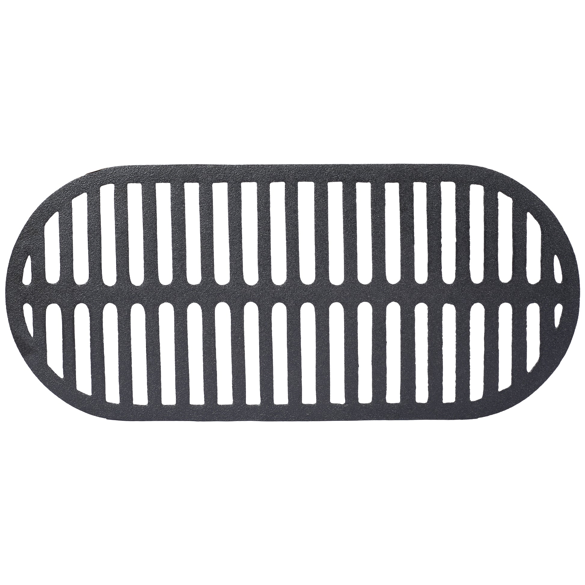 Oval cast iron grill grate black with slotted surface for even cooking