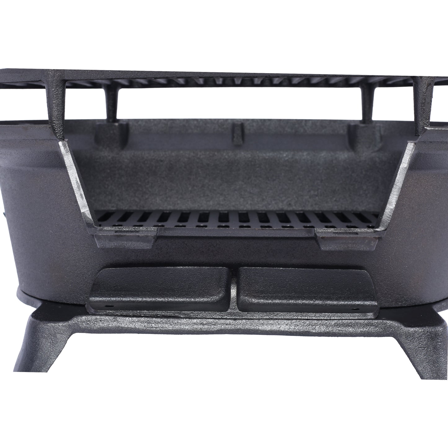 Closeup of a black cast iron charcoal grill grate with sturdy legs and a textured finish