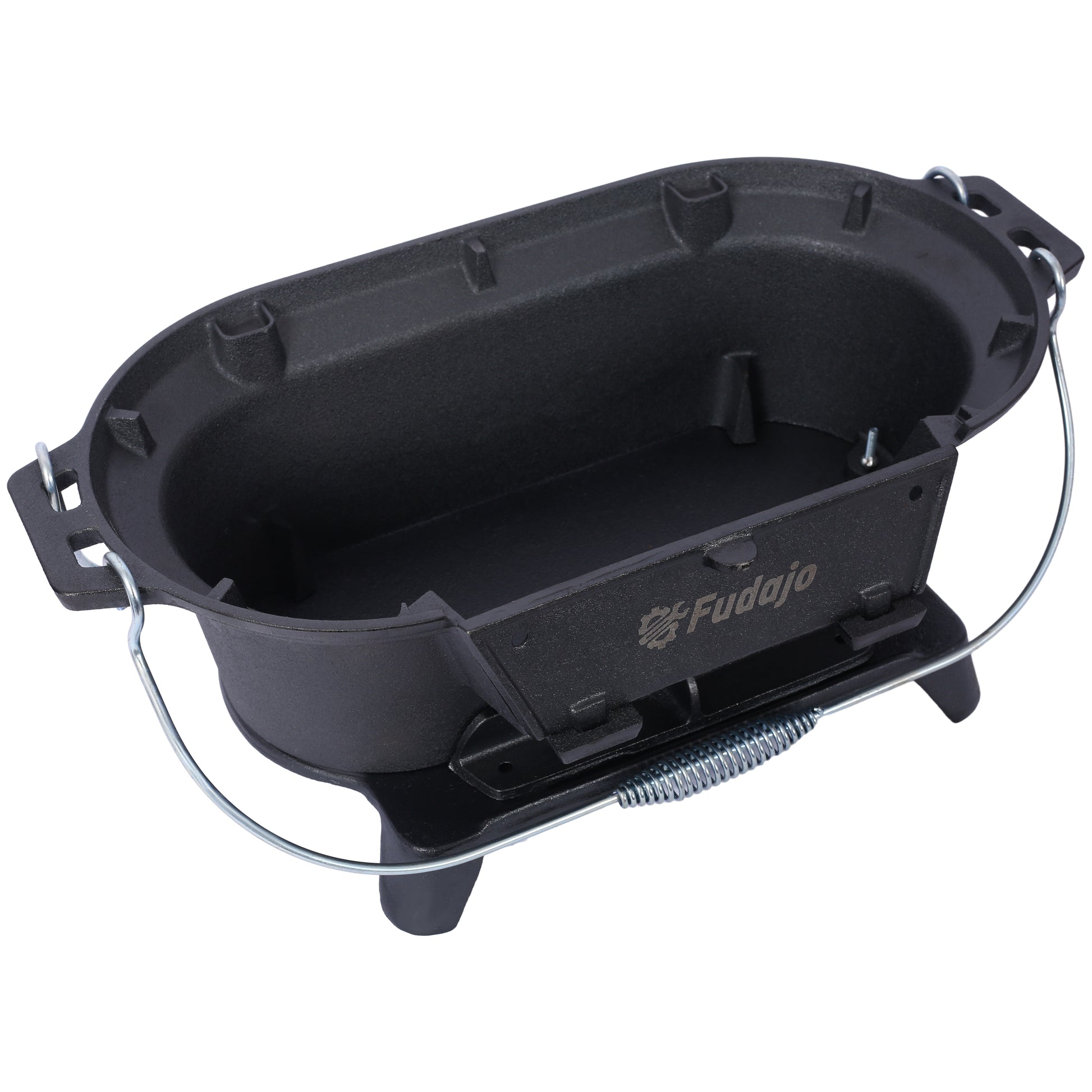 Black cast iron oval kettle pot with metal handle and spring ideal for camping cooks
