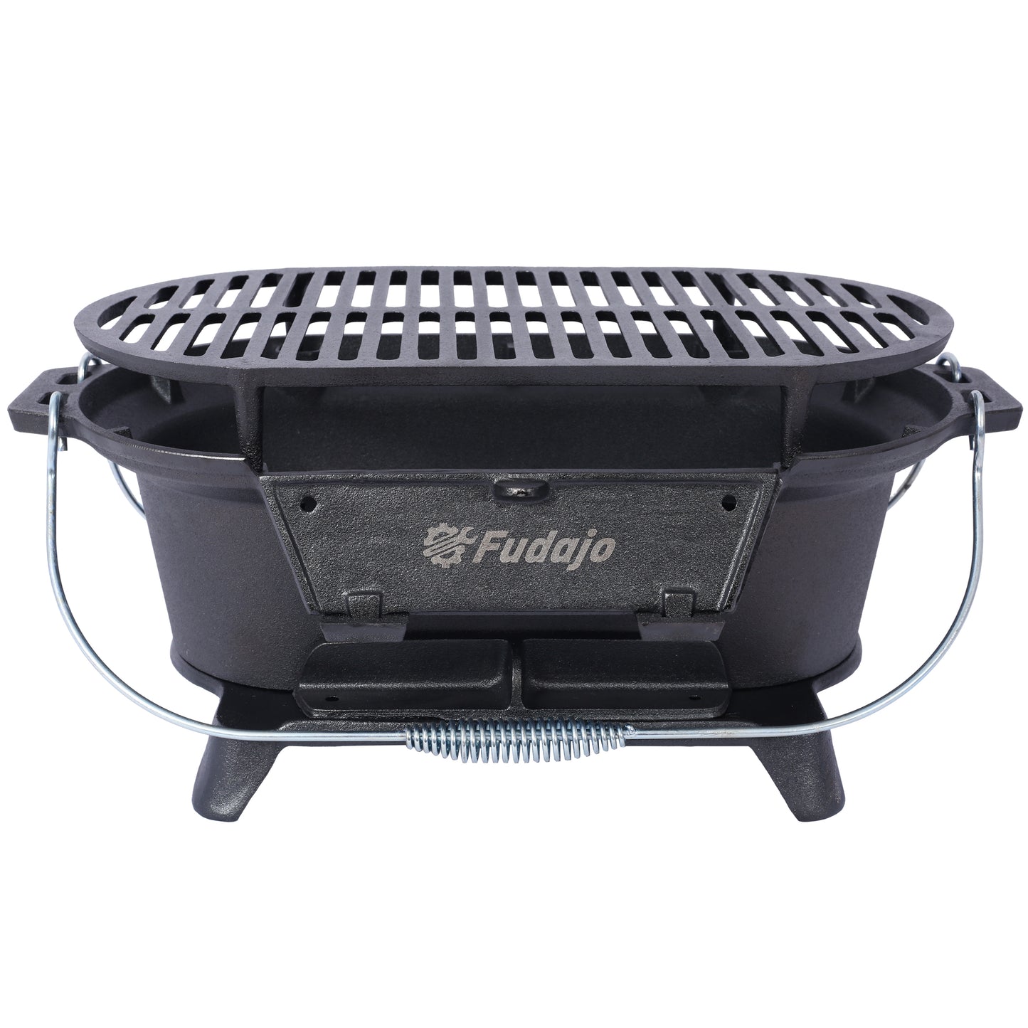 Black cast iron portable grill with durable wire handles and vented lid