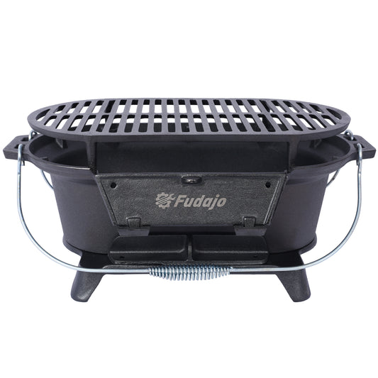 Black cast iron portable grill with durable wire handles and vented lid