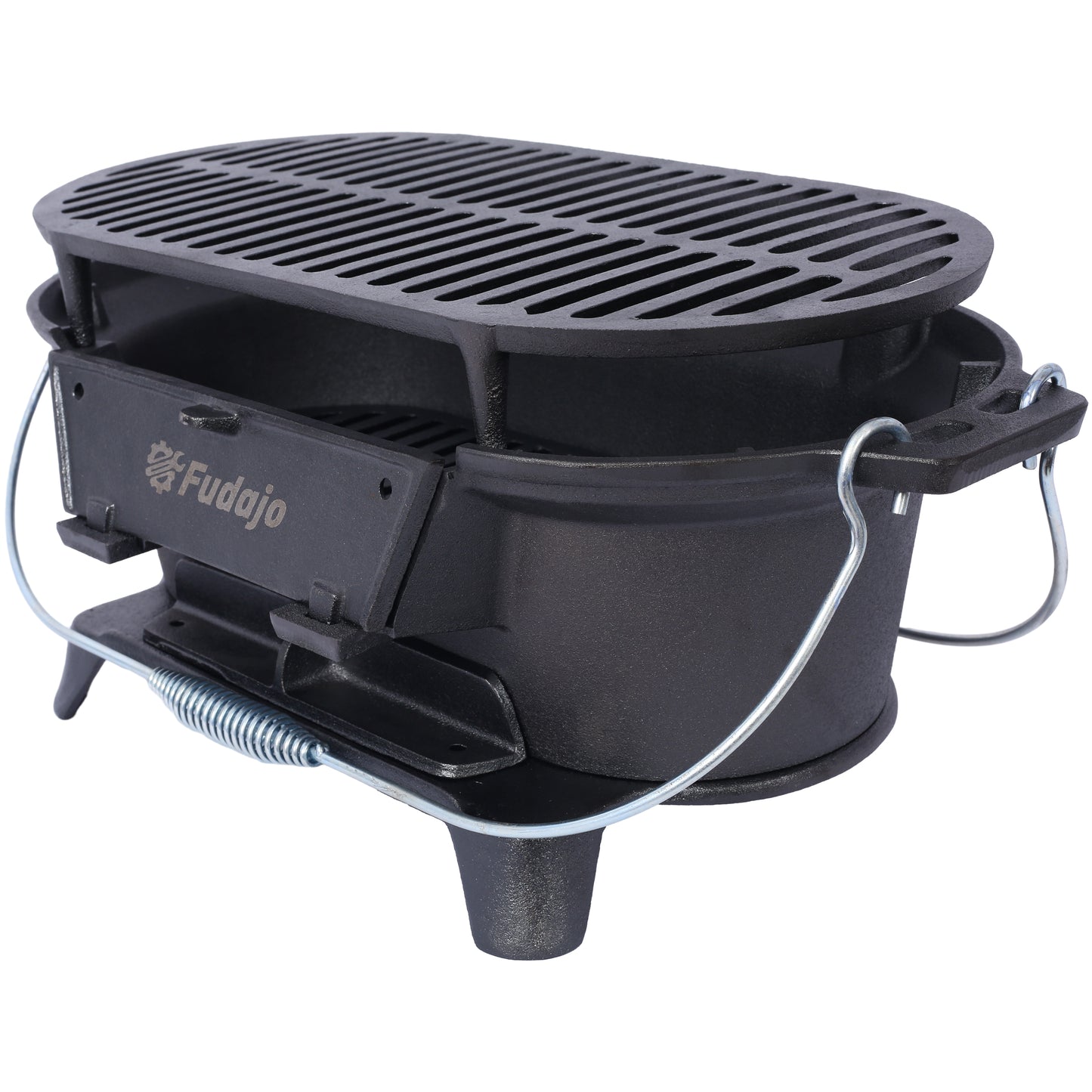 Black cast iron portable grill with sturdy legs and foldable handles