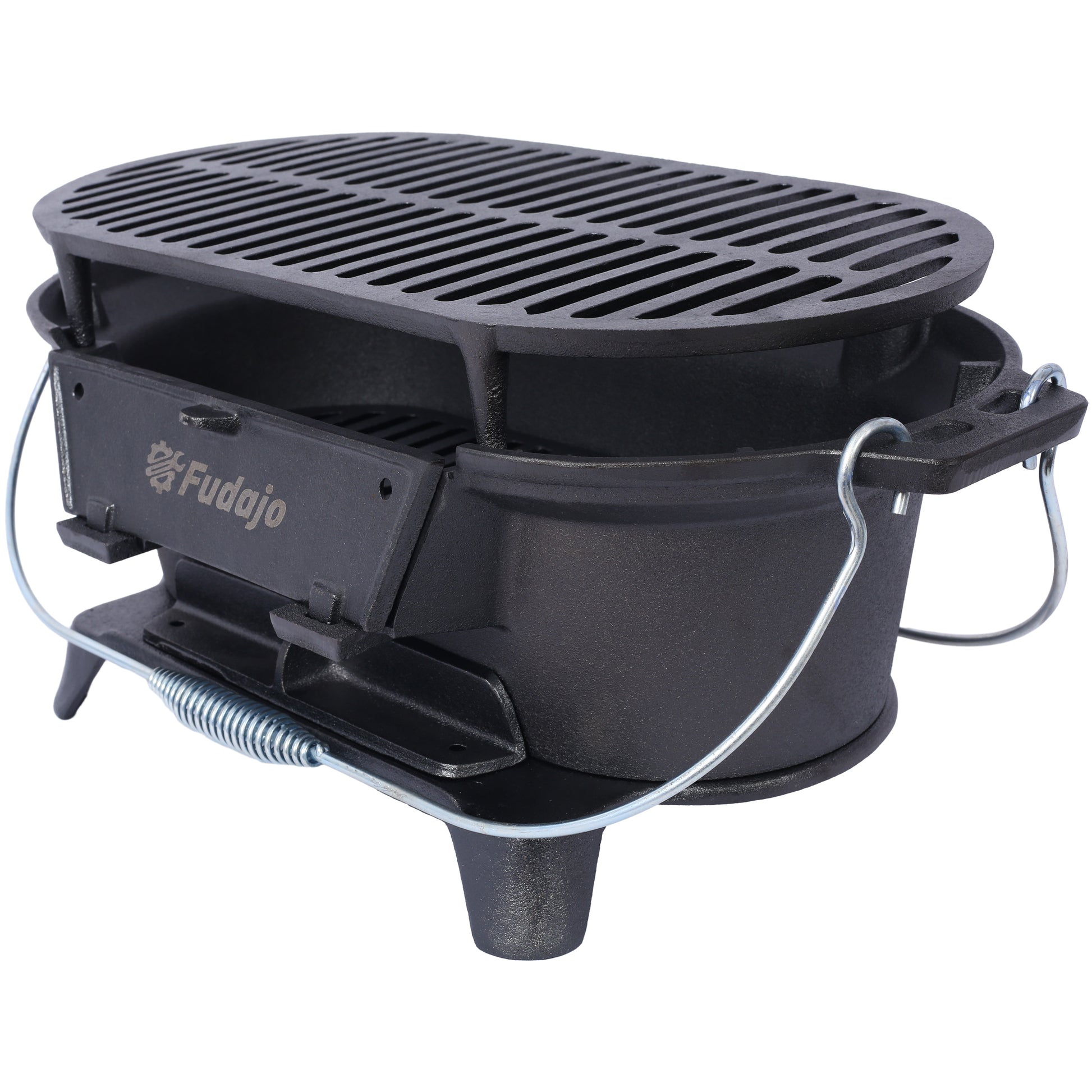 Black cast iron portable grill with sturdy legs and foldable handles