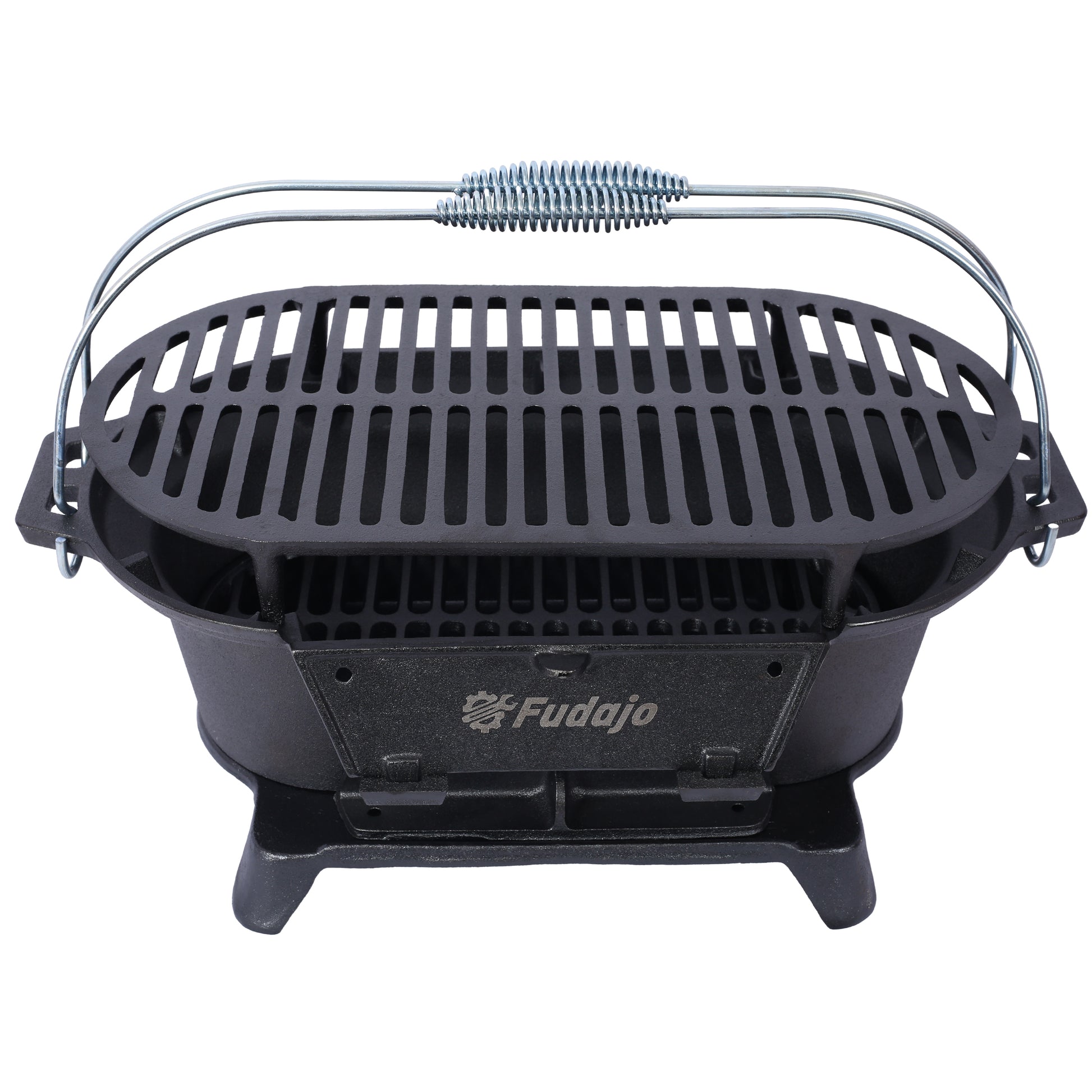 Compact black cast iron portable grill with metal handle for outdoor cooking