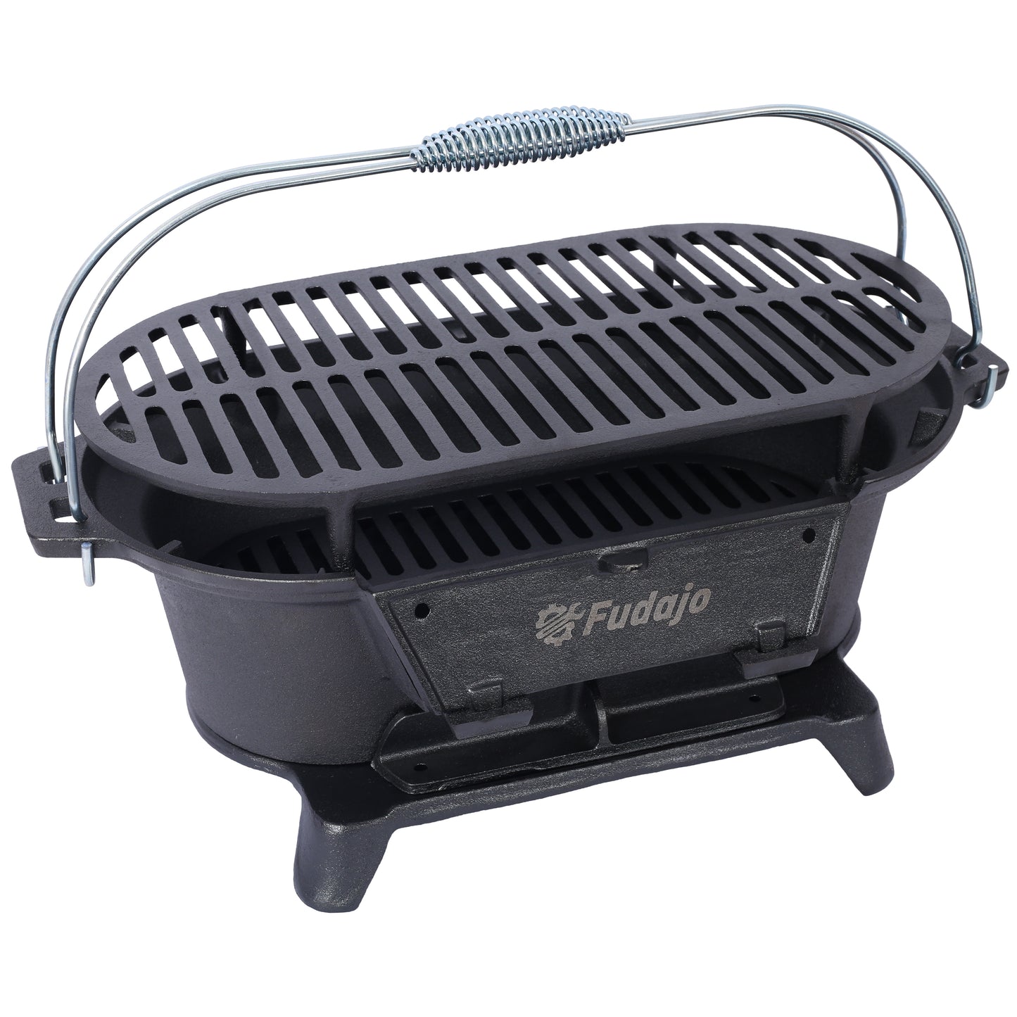 Black cast iron portable grill with silver springcoiled handle and grate