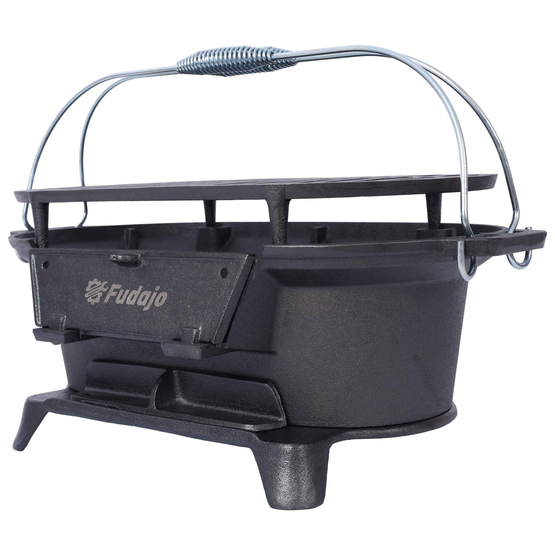 Black cast iron Dutch oven with wire handle and lid for camping and outdoor cooking