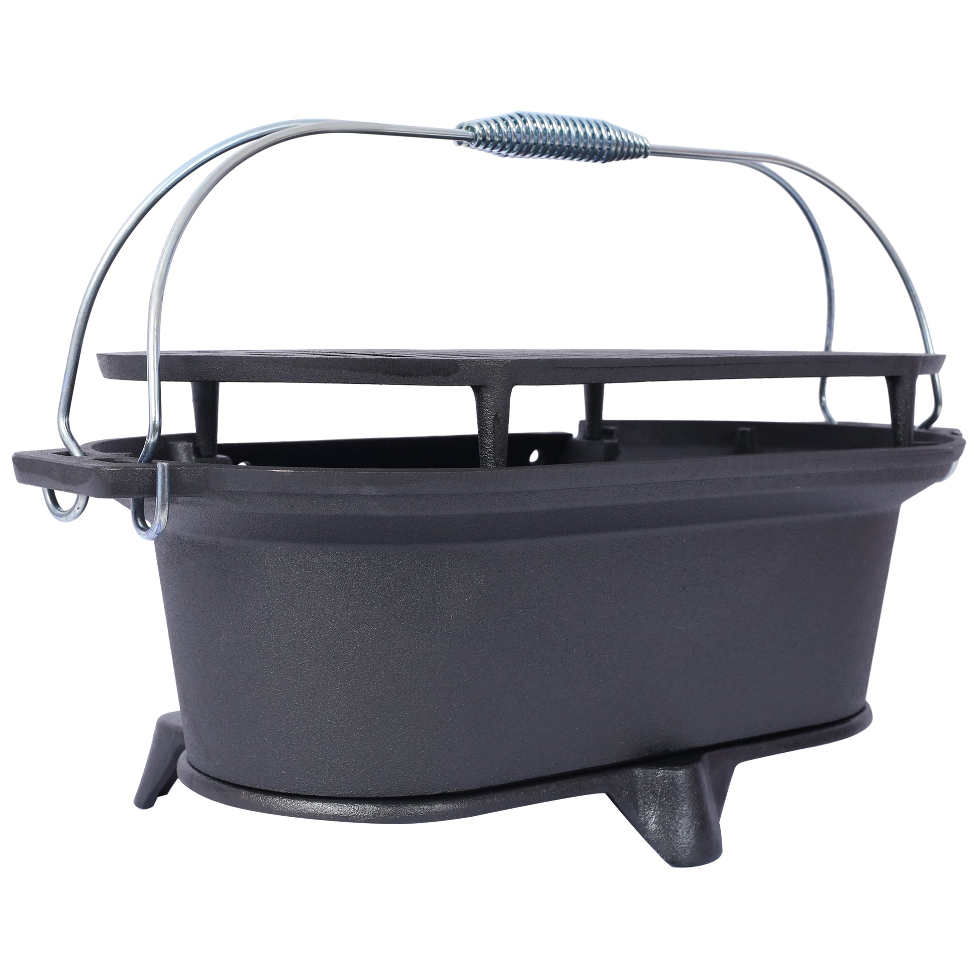 Black cast iron dutch oven with coiled wire handle and three sturdy legs for campfire cooking