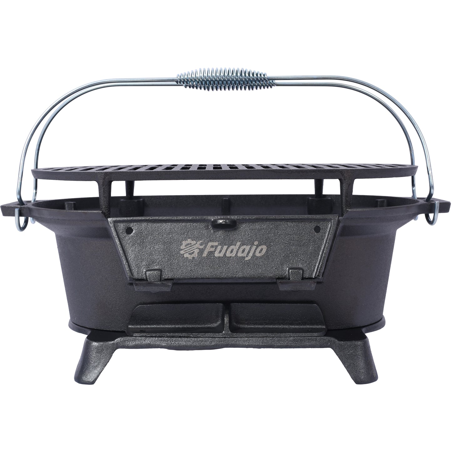 Black cast iron portable grill with wire handle and vents ideal for camping