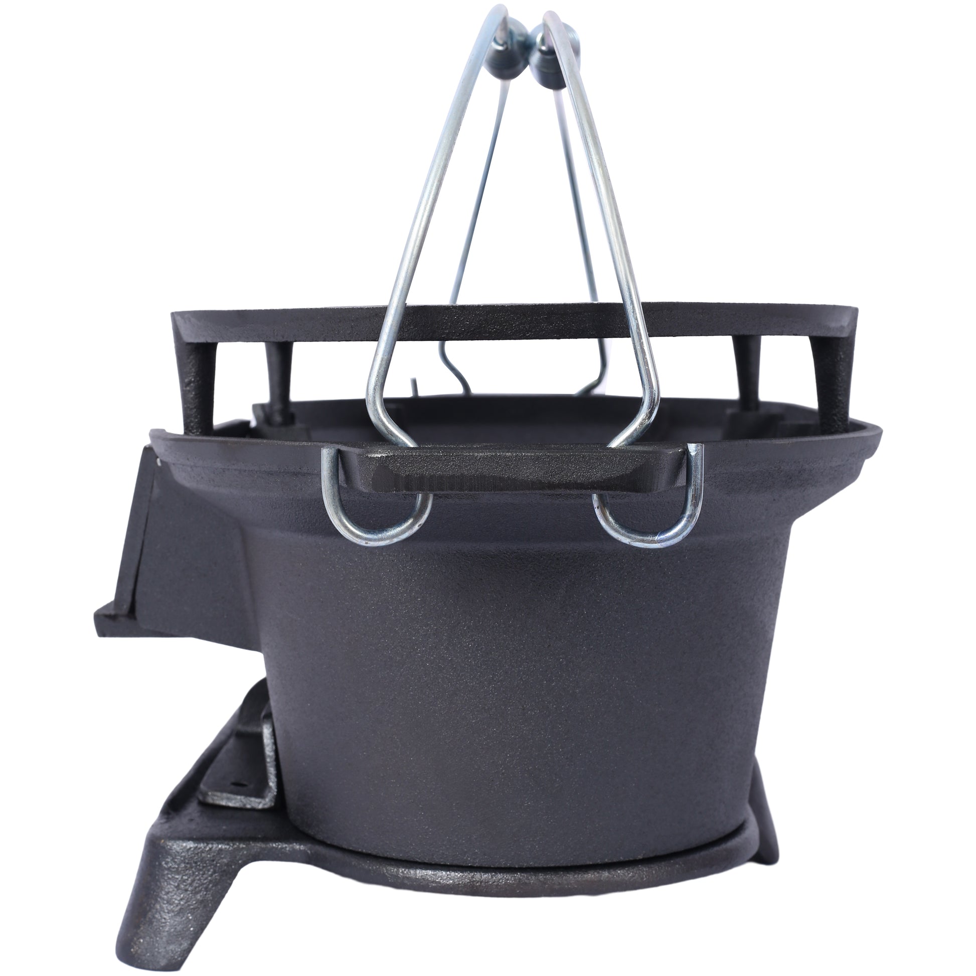 Black cast iron kettle with silver handle ideal for outdoor camping adventures