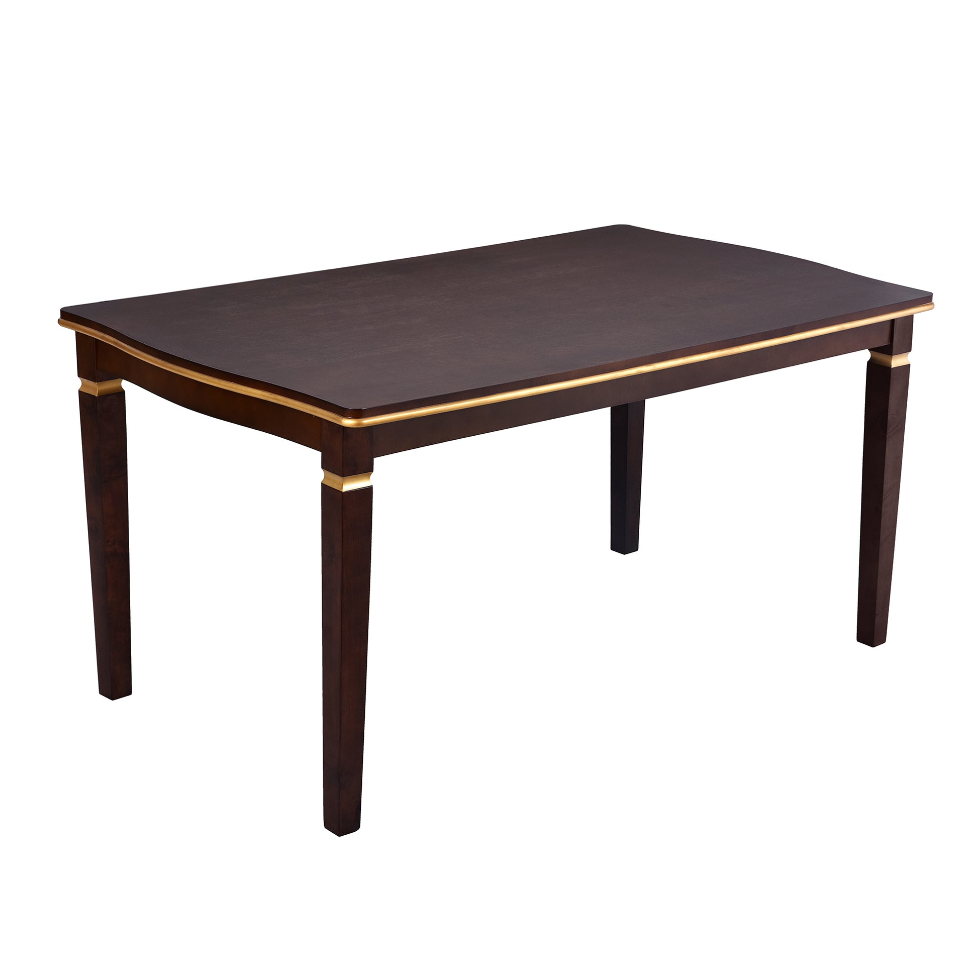 Dark wood dining table with gold trim and tapered legs
