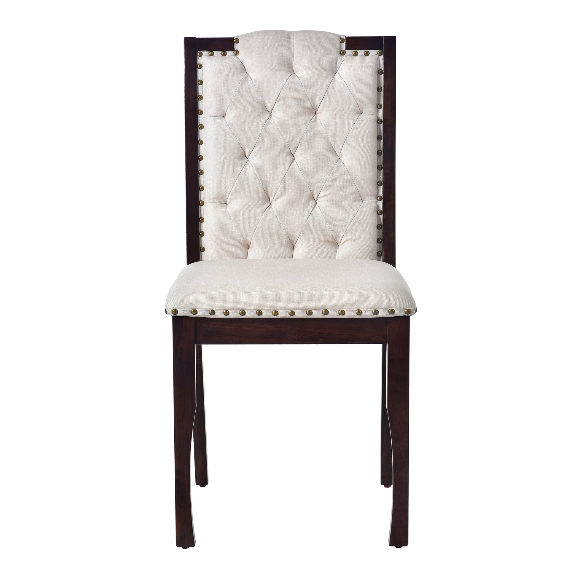 Elegant tufted cream dining chair with dark wood frame and brass nailhead trim