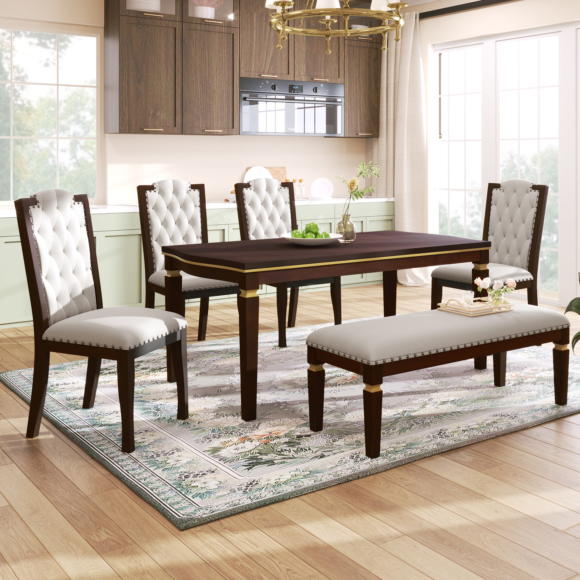 Dark wood dining table with upholstered tufted chairs and bench in a bright kitchen