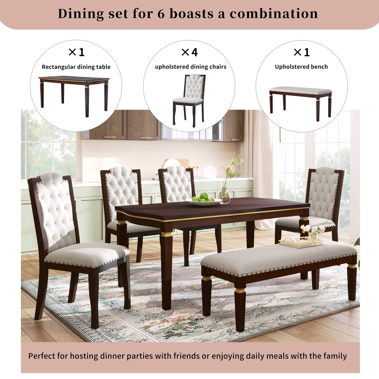 Dark wood rectangular dining table with gold trim paired with upholstered white chairs