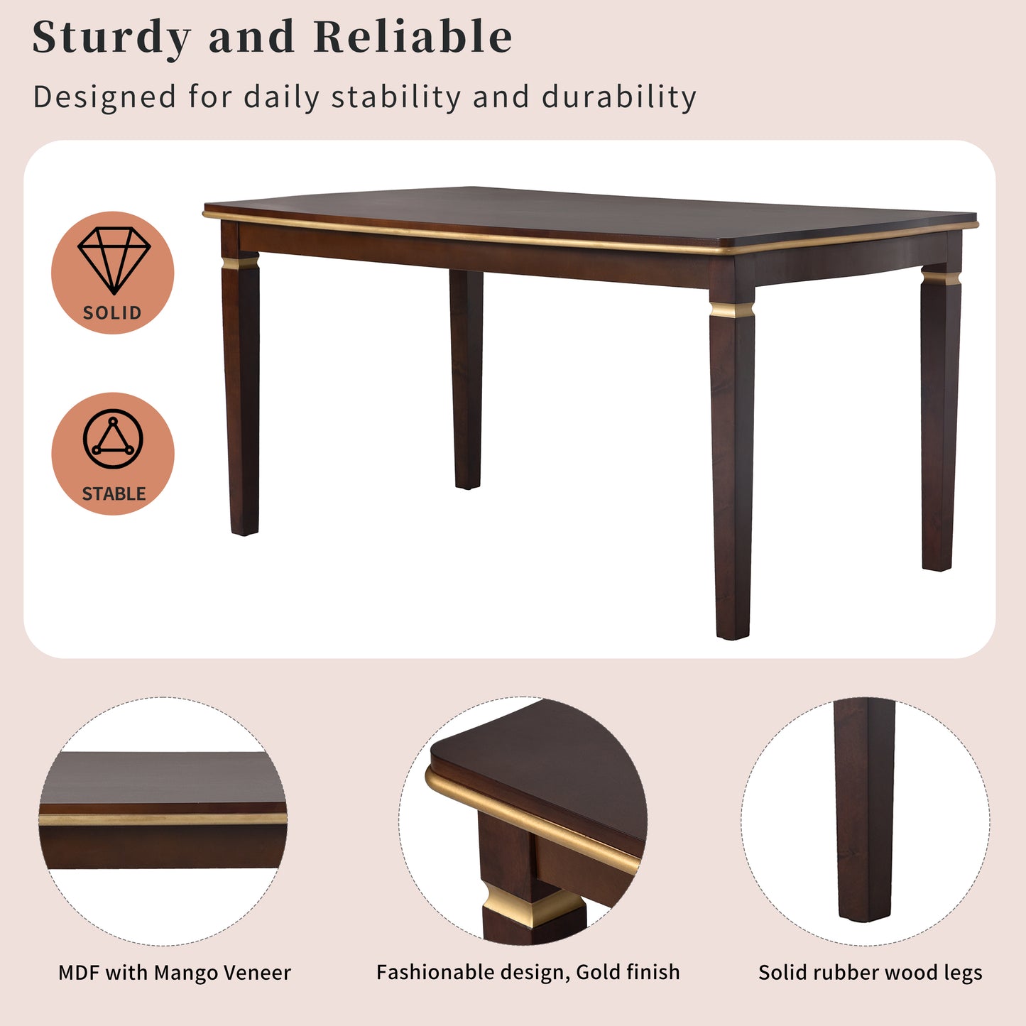 Dark wood dining table with gold trim and solid rubber wood legs